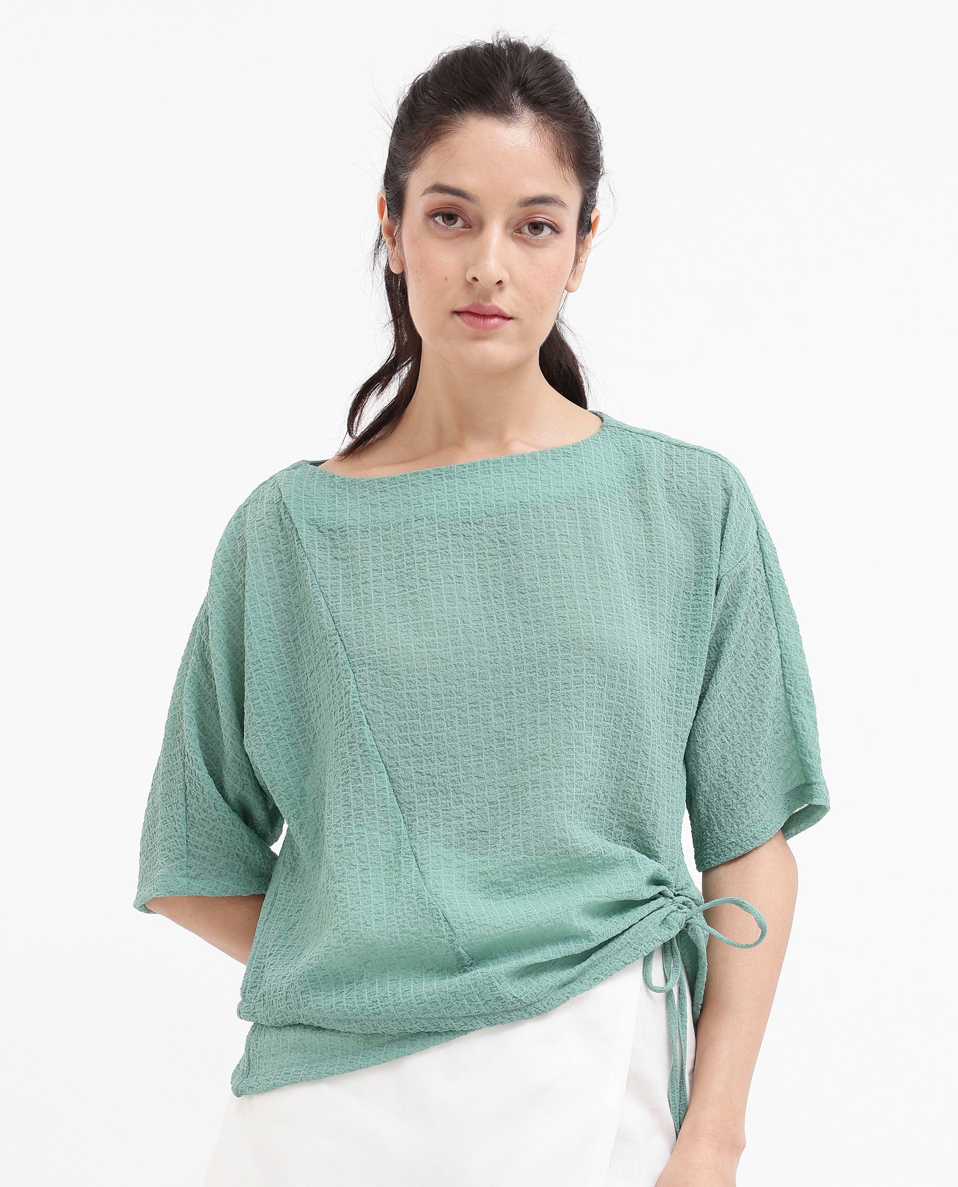 Rareism Women Texmer-SC Green Short Sleeve Boat Neck Plain Top