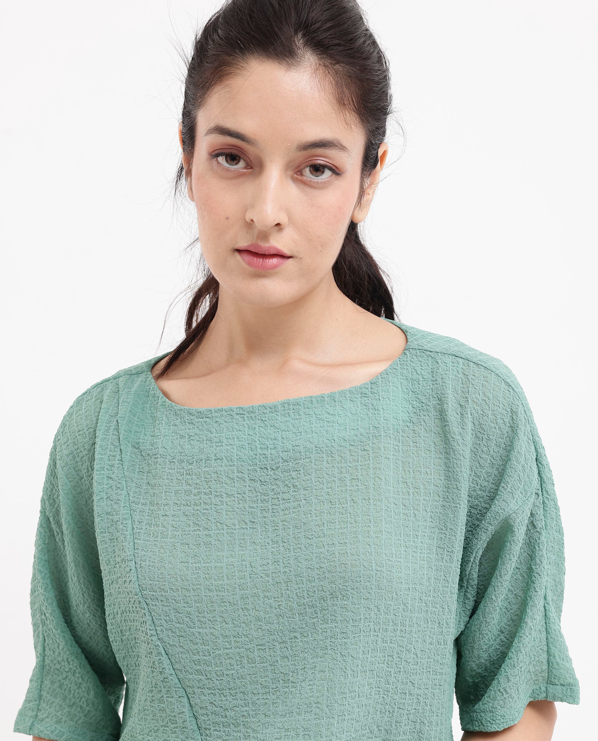 Rareism Women Texmer-SC Green Short Sleeve Boat Neck Plain Top