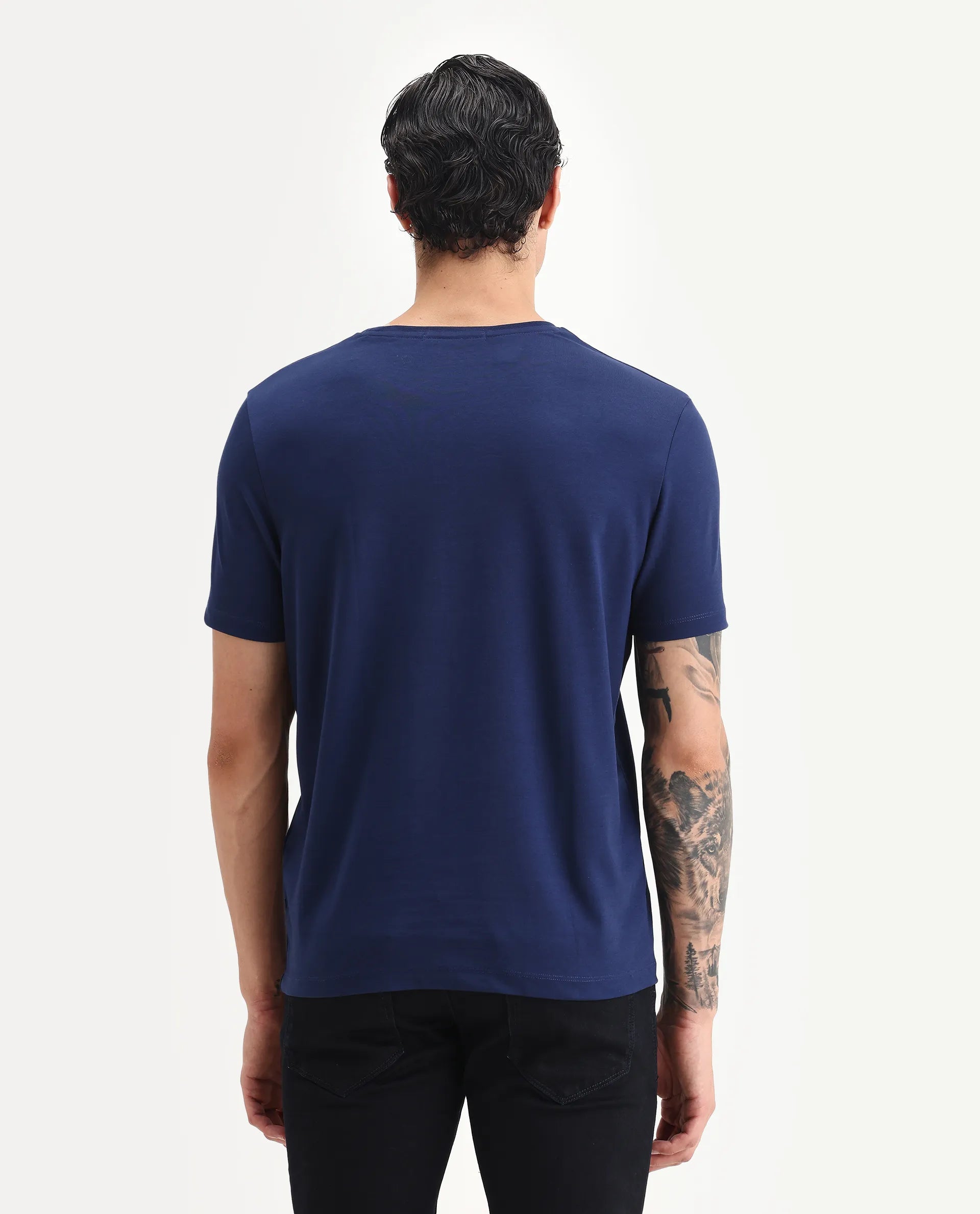 Rare Rabbit Men's Tezo Navy Cotton Blend Graphic Print Regular Fit Half Sleeve Crew Neck T-Shirt