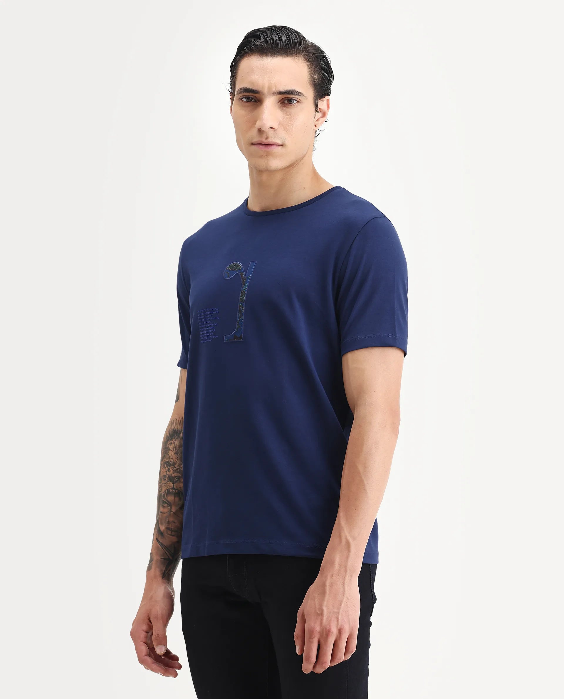 Rare Rabbit Men's Tezo Navy Cotton Blend Graphic Print Regular Fit Half Sleeve Crew Neck T-Shirt