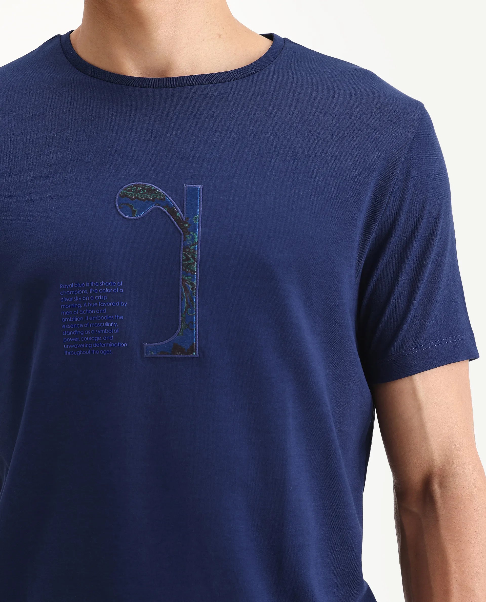 Rare Rabbit Men's Tezo Navy Cotton Blend Graphic Print Regular Fit Half Sleeve Crew Neck T-Shirt