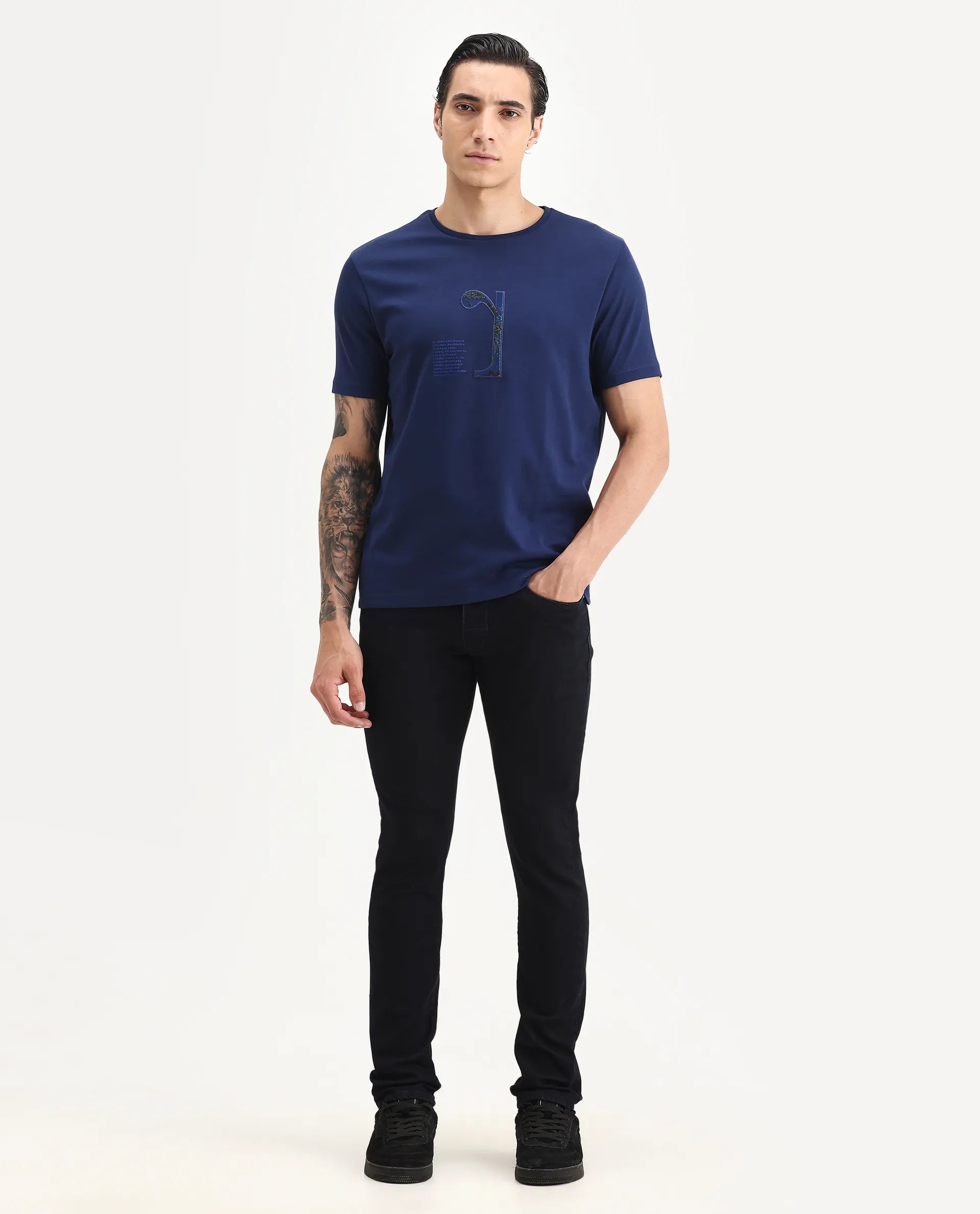Rare Rabbit Men's Tezo Navy Cotton Blend Graphic Print Regular Fit Half Sleeve Crew Neck T-Shirt