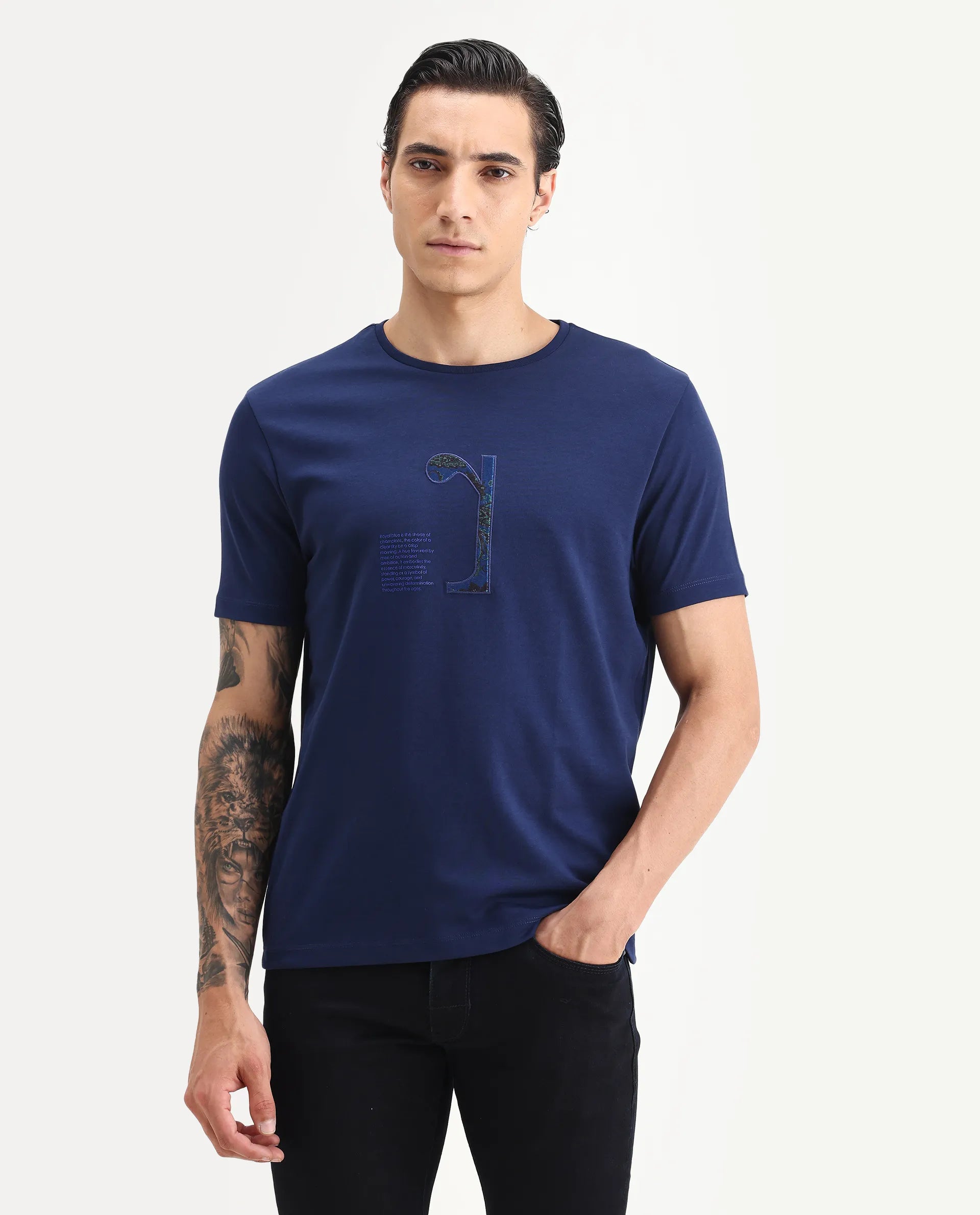 Rare Rabbit Men's Tezo Navy Cotton Blend Graphic Print Regular Fit Half Sleeve Crew Neck T-Shirt