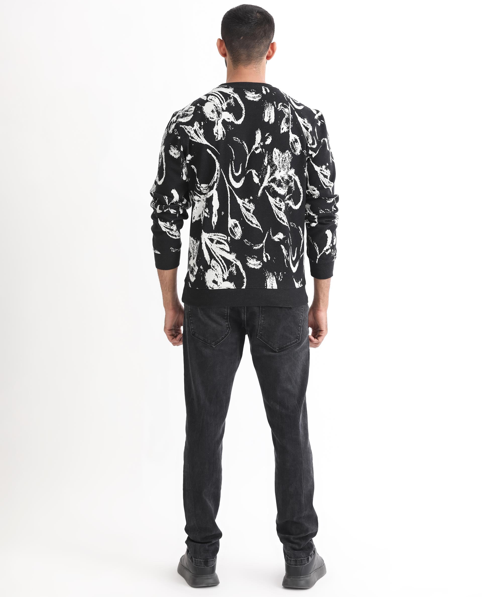 Rare Rabbit Men's Thalora Black Cotton Polyester Fabric Full Sleeves Abstract Floral Print Knitted Sweatshirt