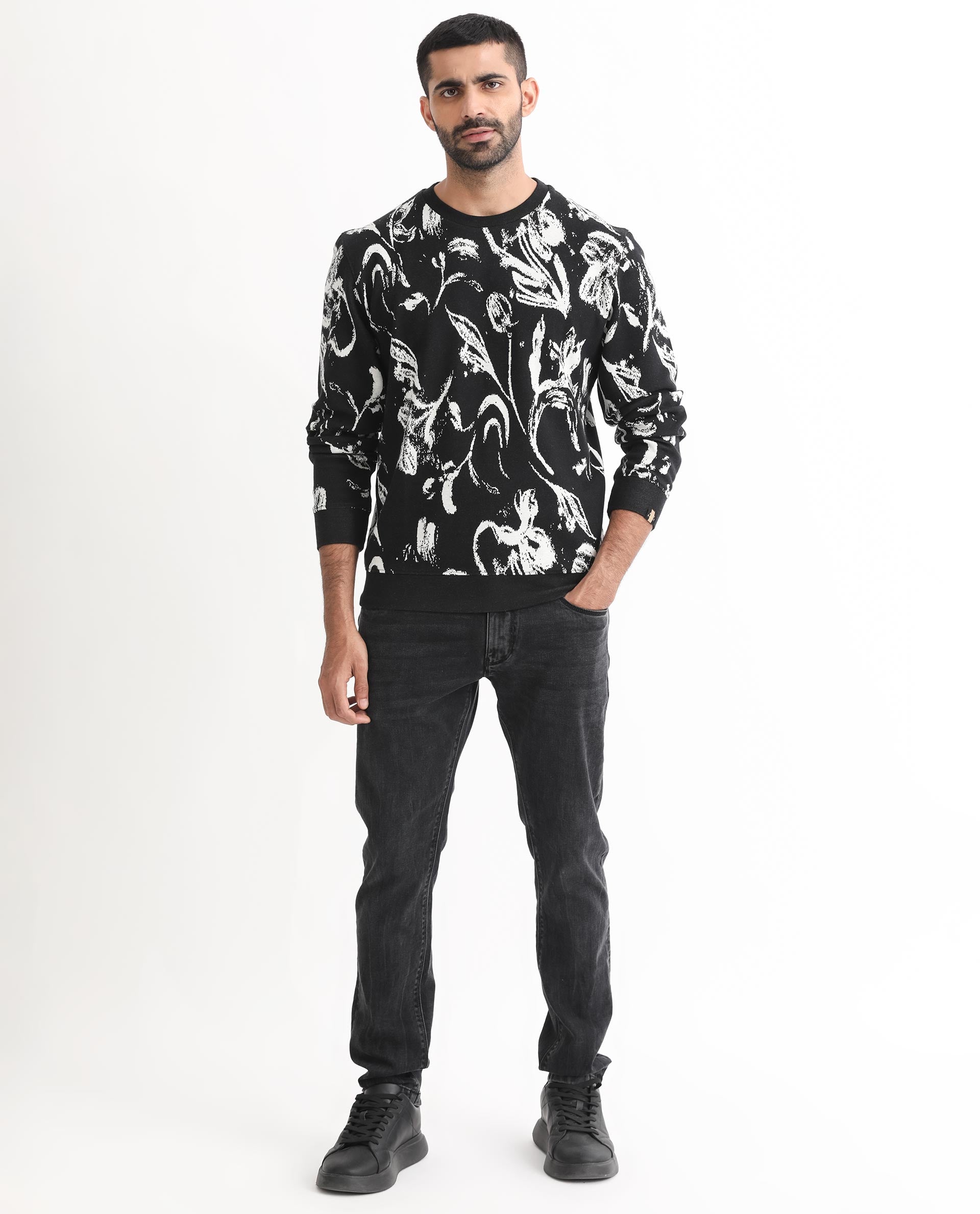Rare Rabbit Men's Thalora Black Cotton Polyester Fabric Full Sleeves Abstract Floral Print Knitted Sweatshirt