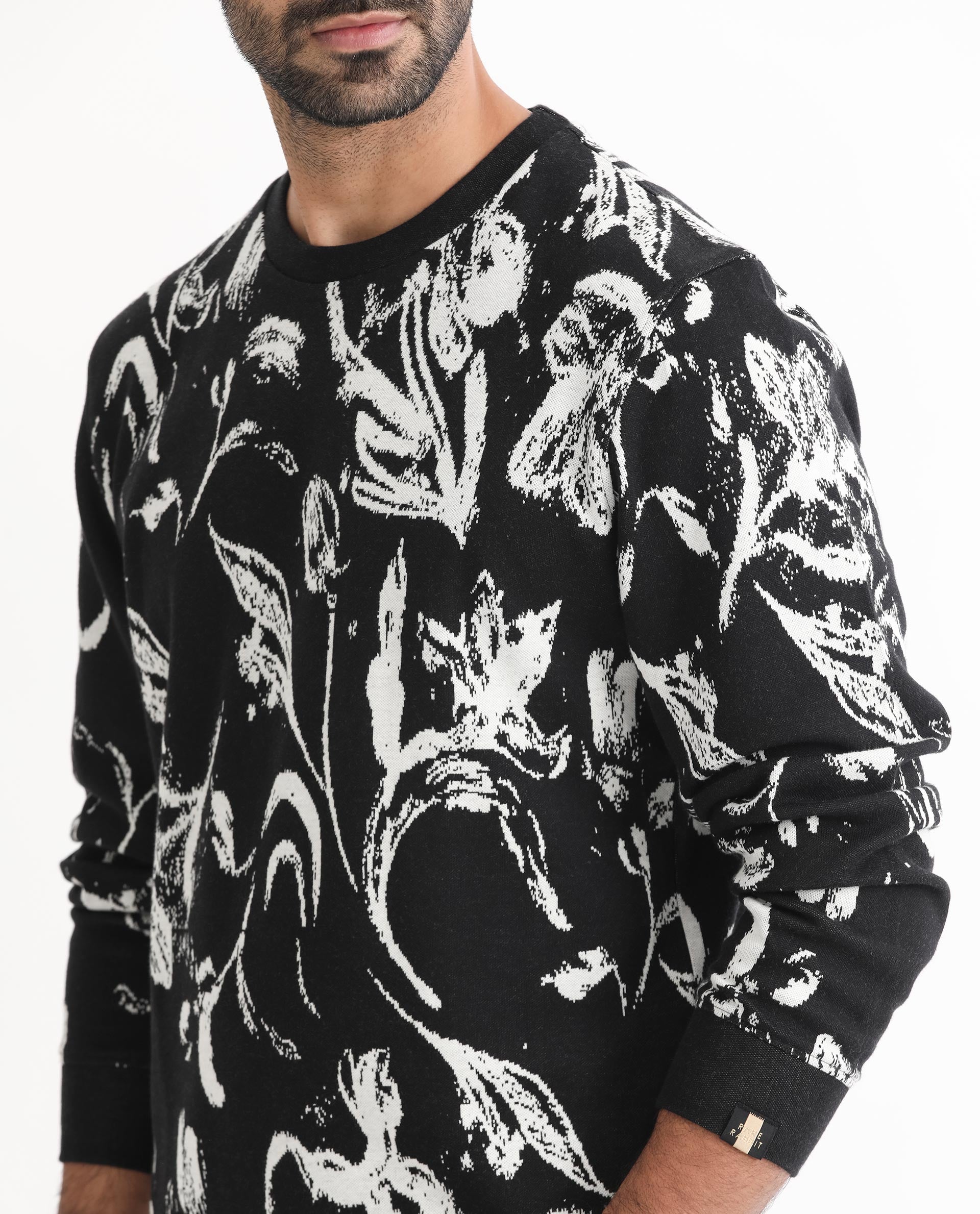 Rare Rabbit Men's Thalora Black Cotton Polyester Fabric Full Sleeves Abstract Floral Print Knitted Sweatshirt