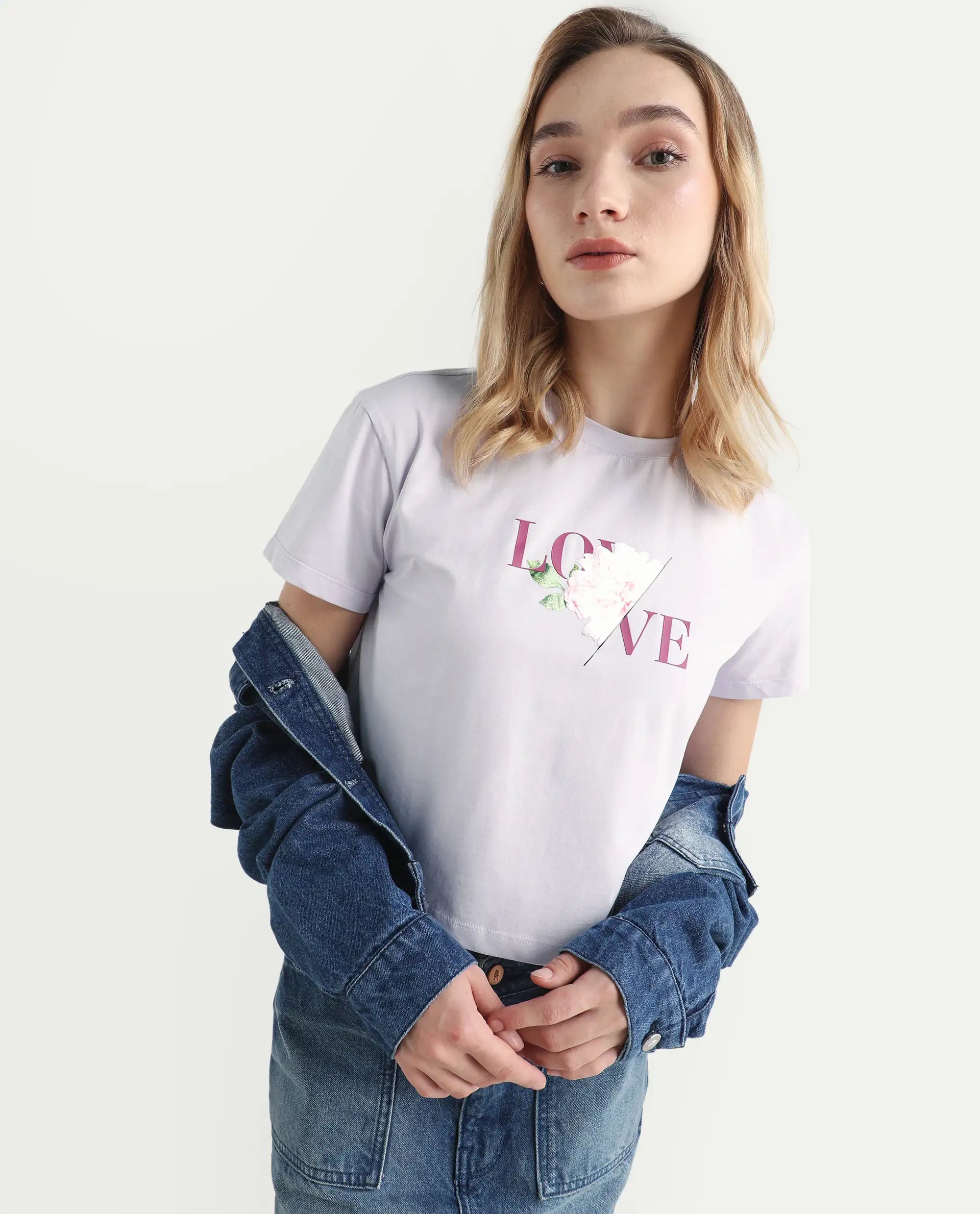 Rareism Women's Thea Pastel Purple Cotton Blend Crew Neck Graphic Print Crop Regular Fit T-Shirt