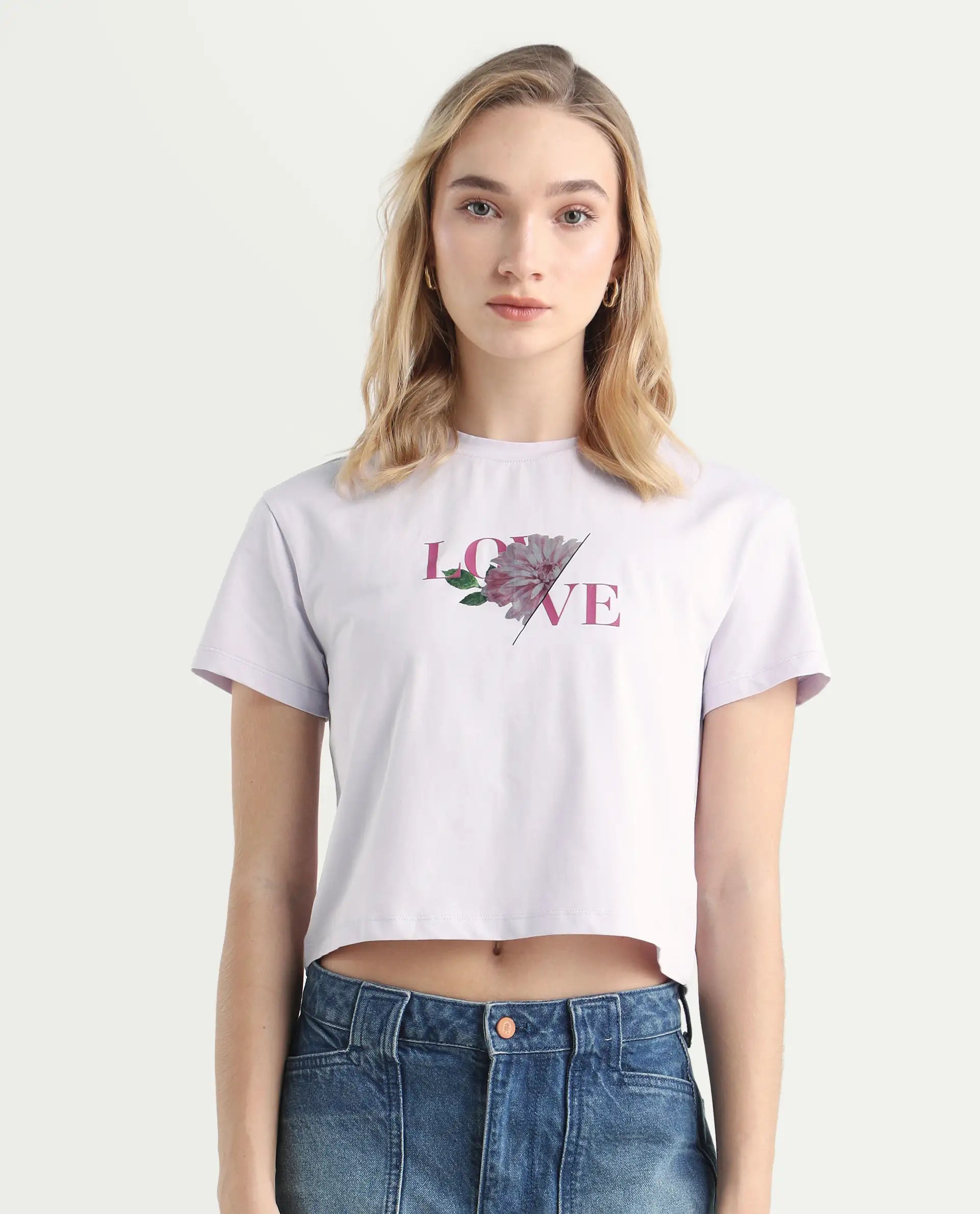Rareism Women's Thea Pastel Purple Cotton Blend Crew Neck Graphic Print Crop Regular Fit T-Shirt