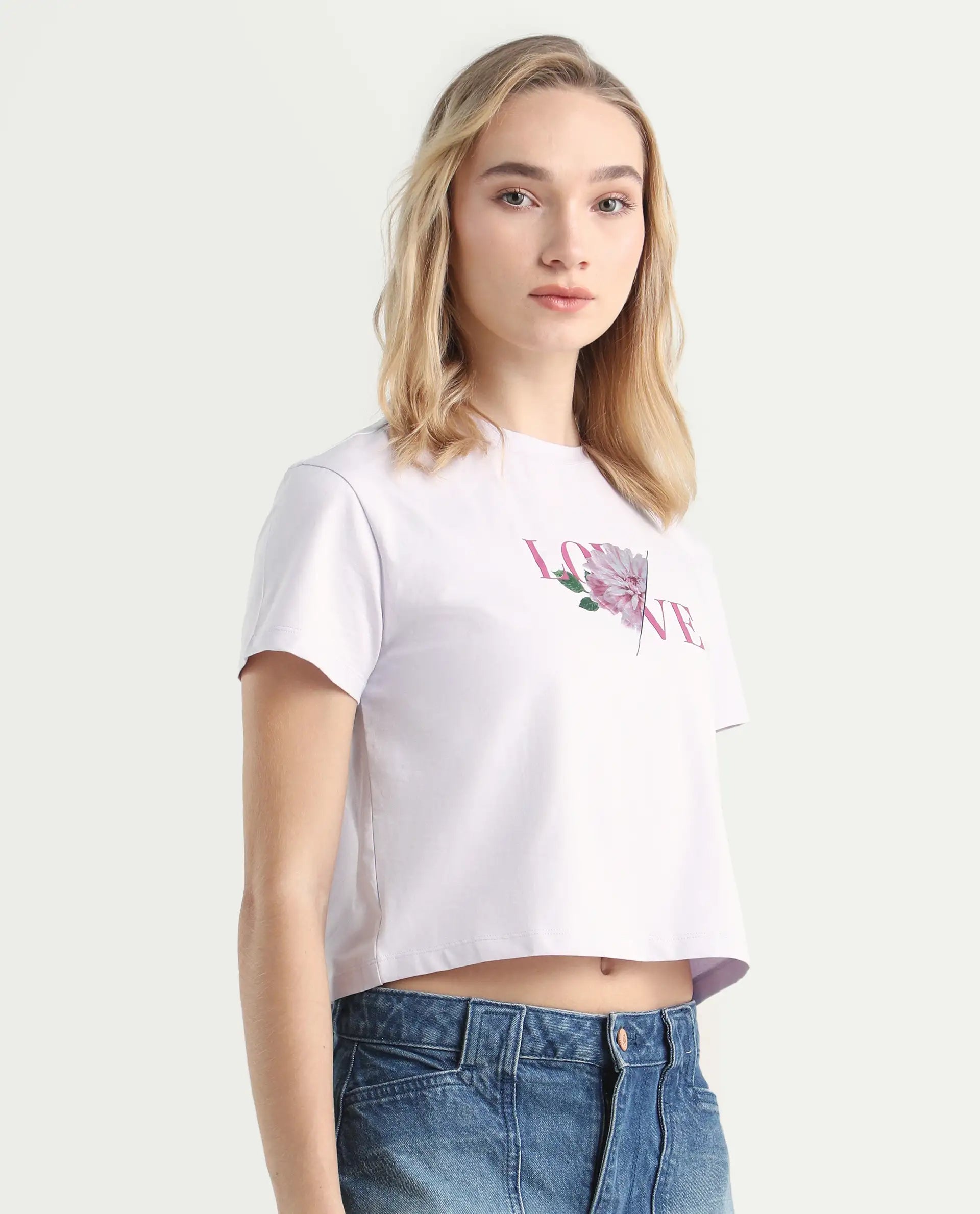 Rareism Women's Thea Pastel Purple Cotton Blend Crew Neck Graphic Print Crop Regular Fit T-Shirt