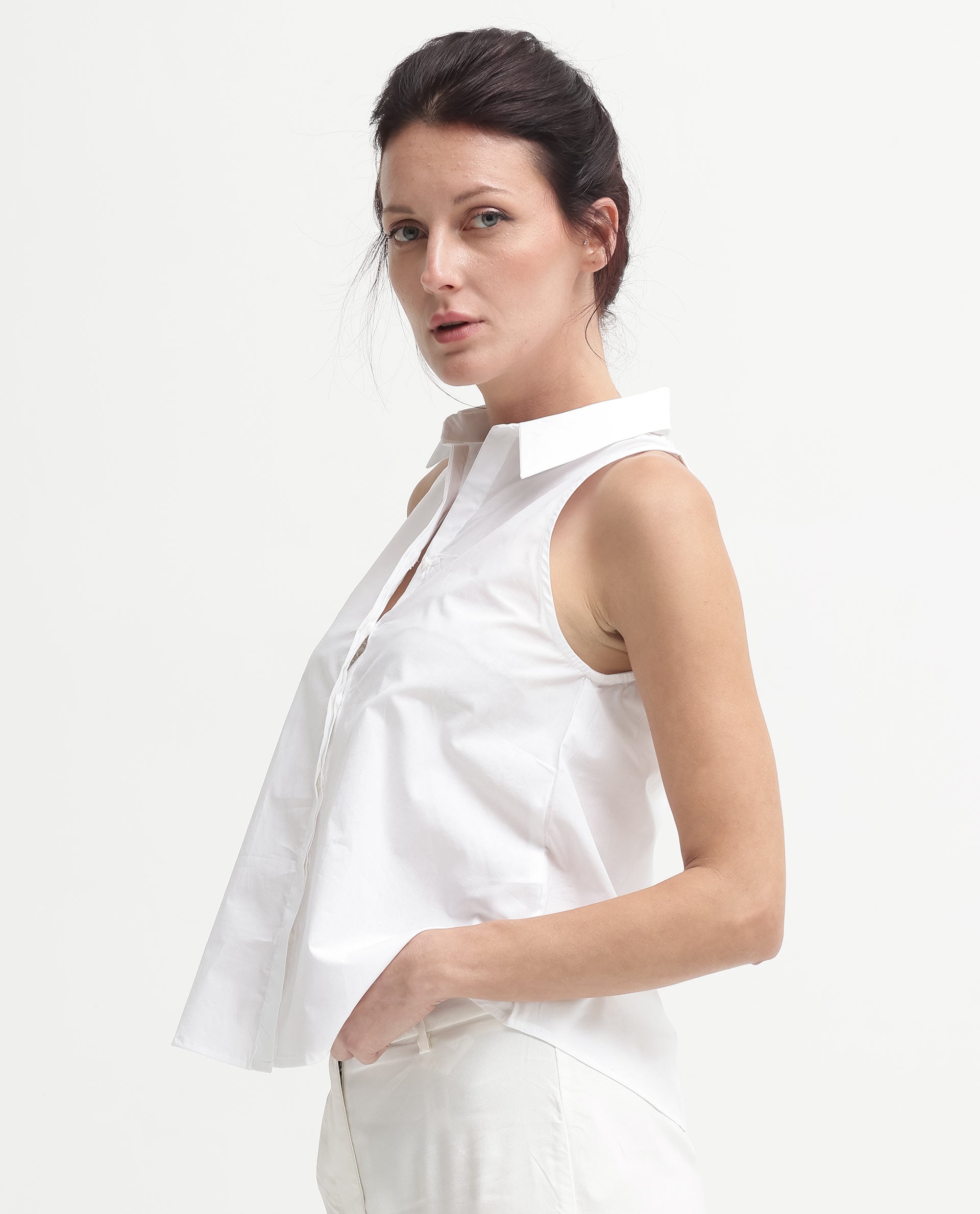 Rareism Women Thebe-SC White Cotton Fabric Sleeveless Collared Neck Button Closure Solid Regular Fit Top