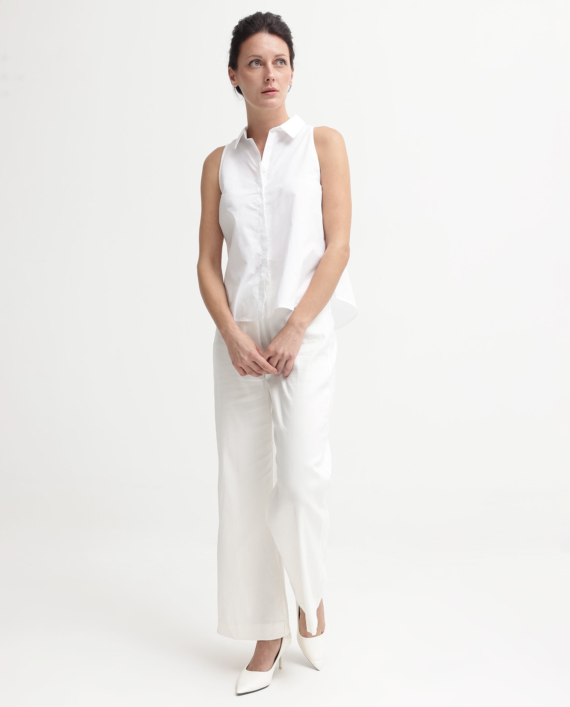 Rareism Women Thebe-SC White Cotton Fabric Sleeveless Collared Neck Button Closure Solid Regular Fit Top