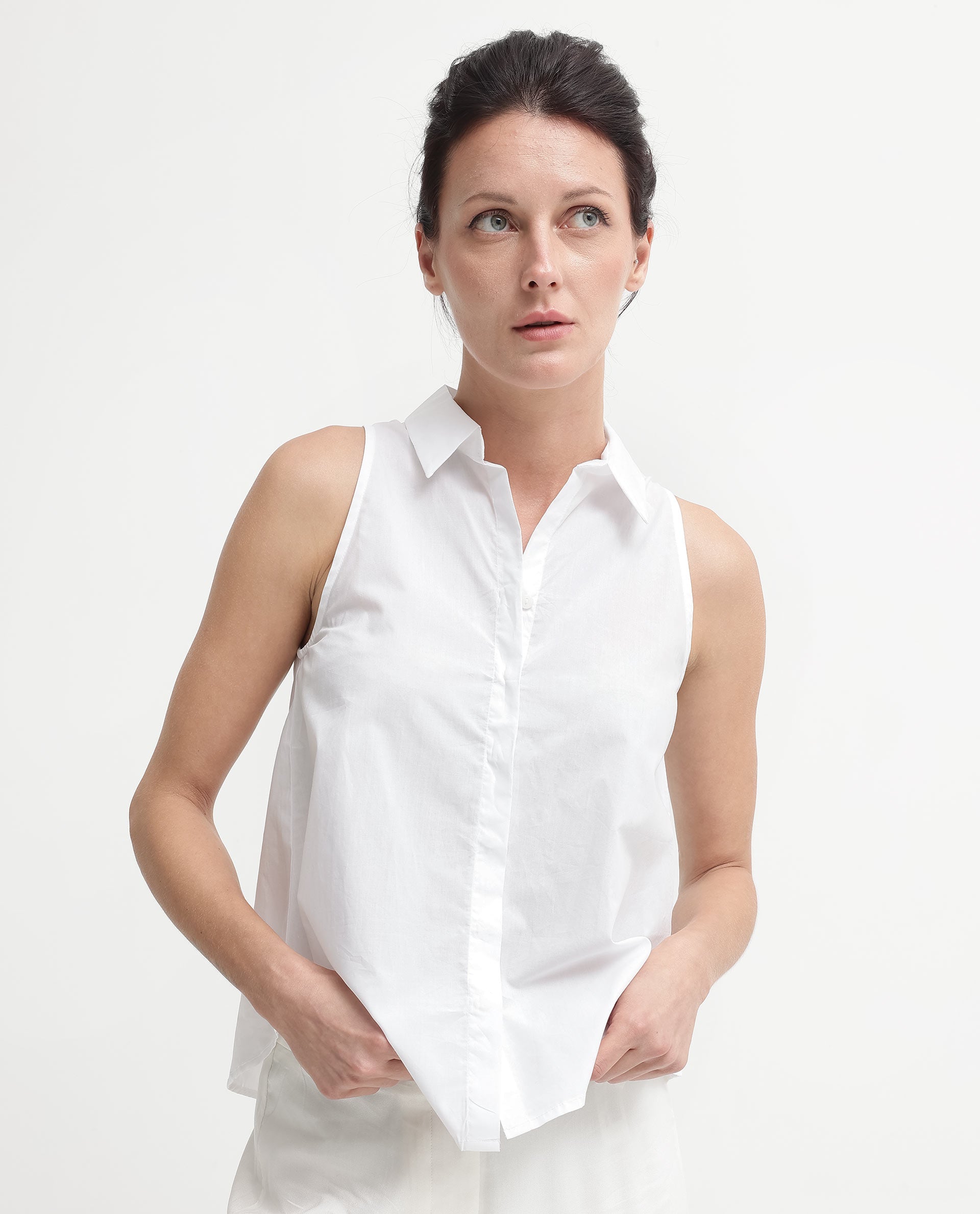 Rareism Women Thebe-SC White Cotton Fabric Sleeveless Collared Neck Button Closure Solid Regular Fit Top