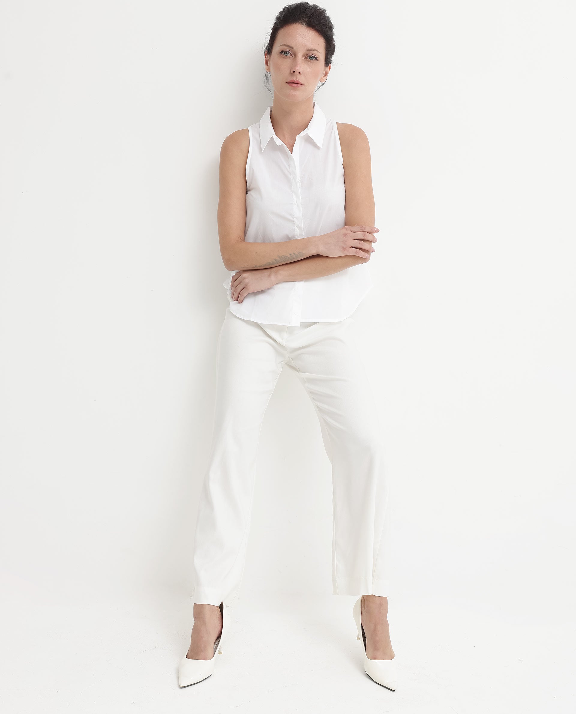 Rareism Women Thebe-SC White Cotton Fabric Sleeveless Collared Neck Button Closure Solid Regular Fit Top