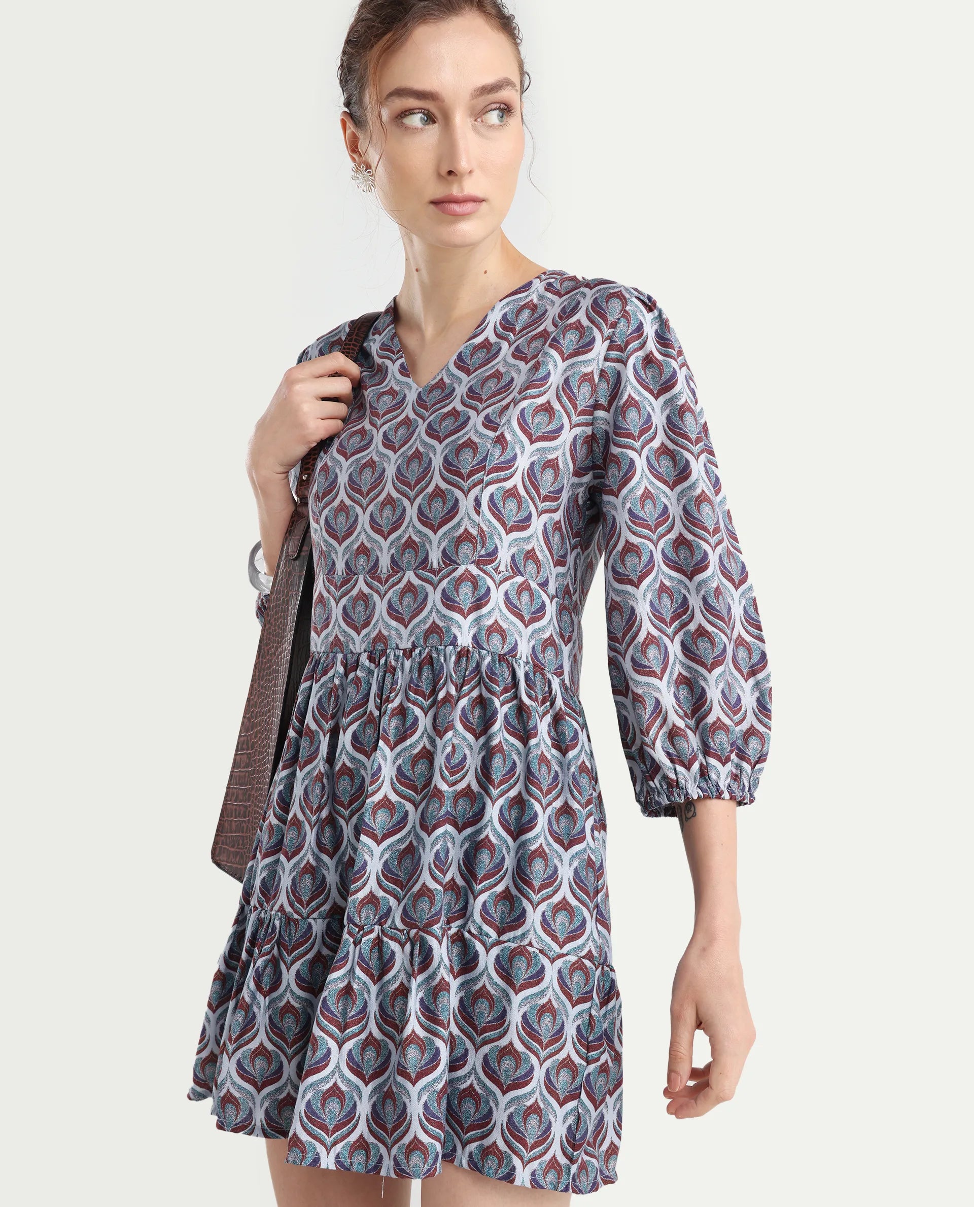 Rareism Women's Thecon Blue Polyester V-Neck Abstract Print Bishop Sleeve Mini Fit And Flare Dress