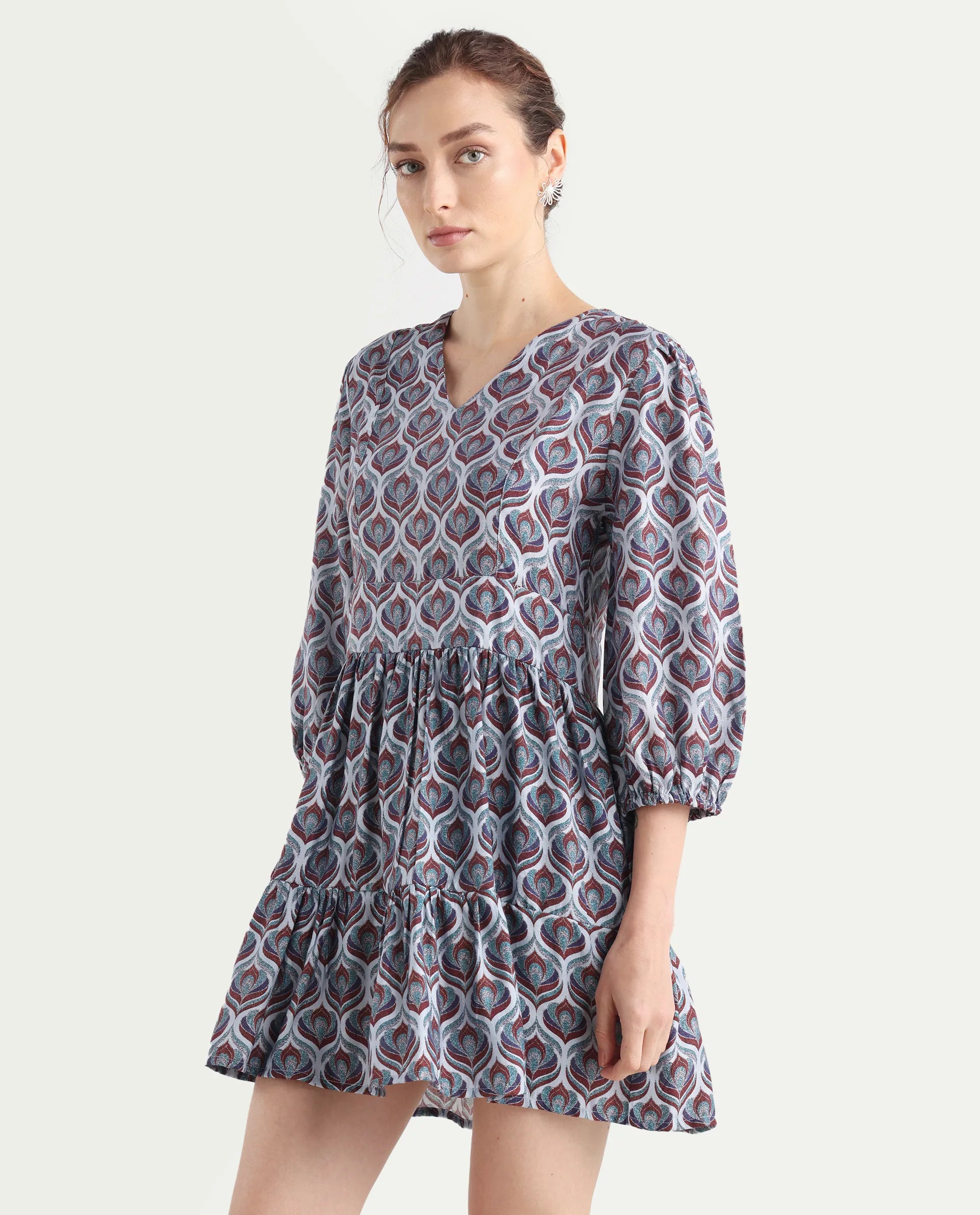 Rareism Women's Thecon Blue Polyester V-Neck Abstract Print Bishop Sleeve Mini Fit And Flare Dress