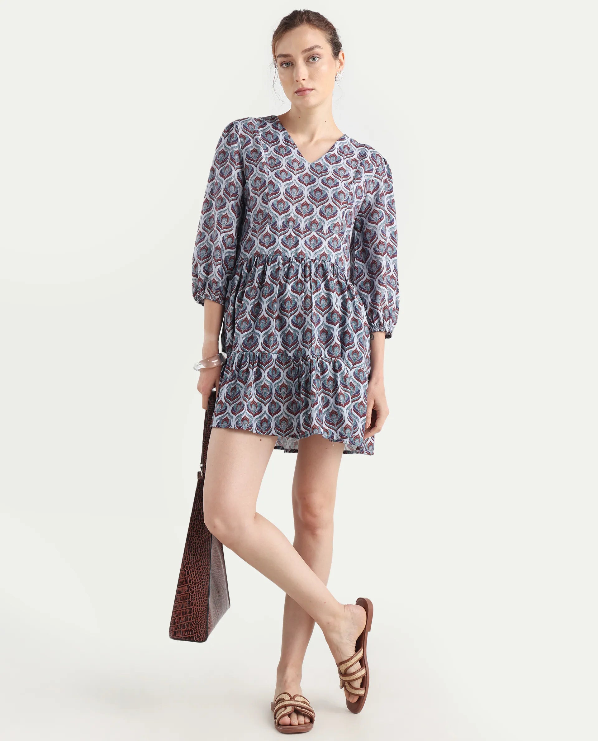 Rareism Women's Thecon Blue Polyester V-Neck Abstract Print Bishop Sleeve Mini Fit And Flare Dress