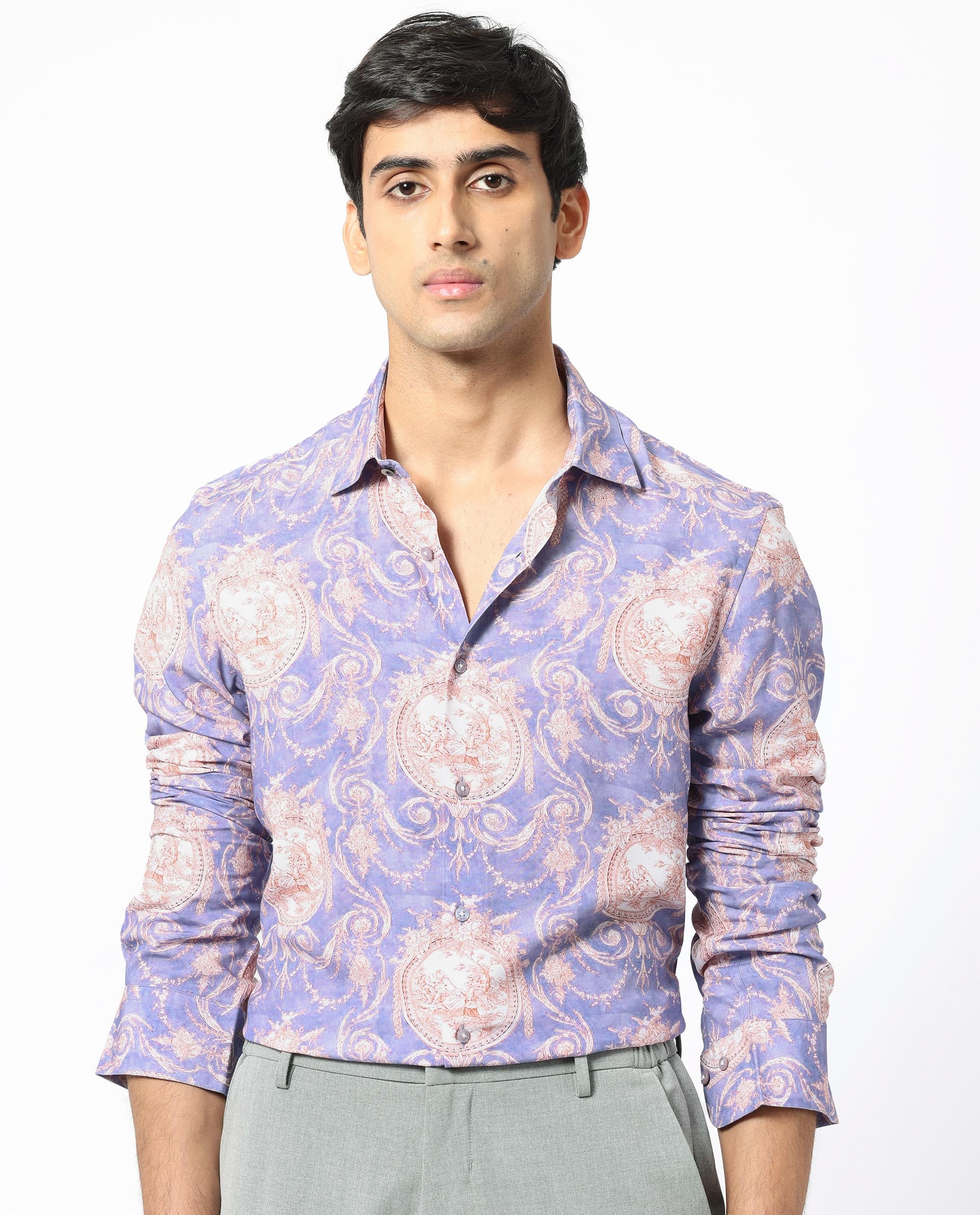 Rare Rabbit Men's Theon Dusky Purple Viscose Fabric Full Sleeves Floral Print Shirt