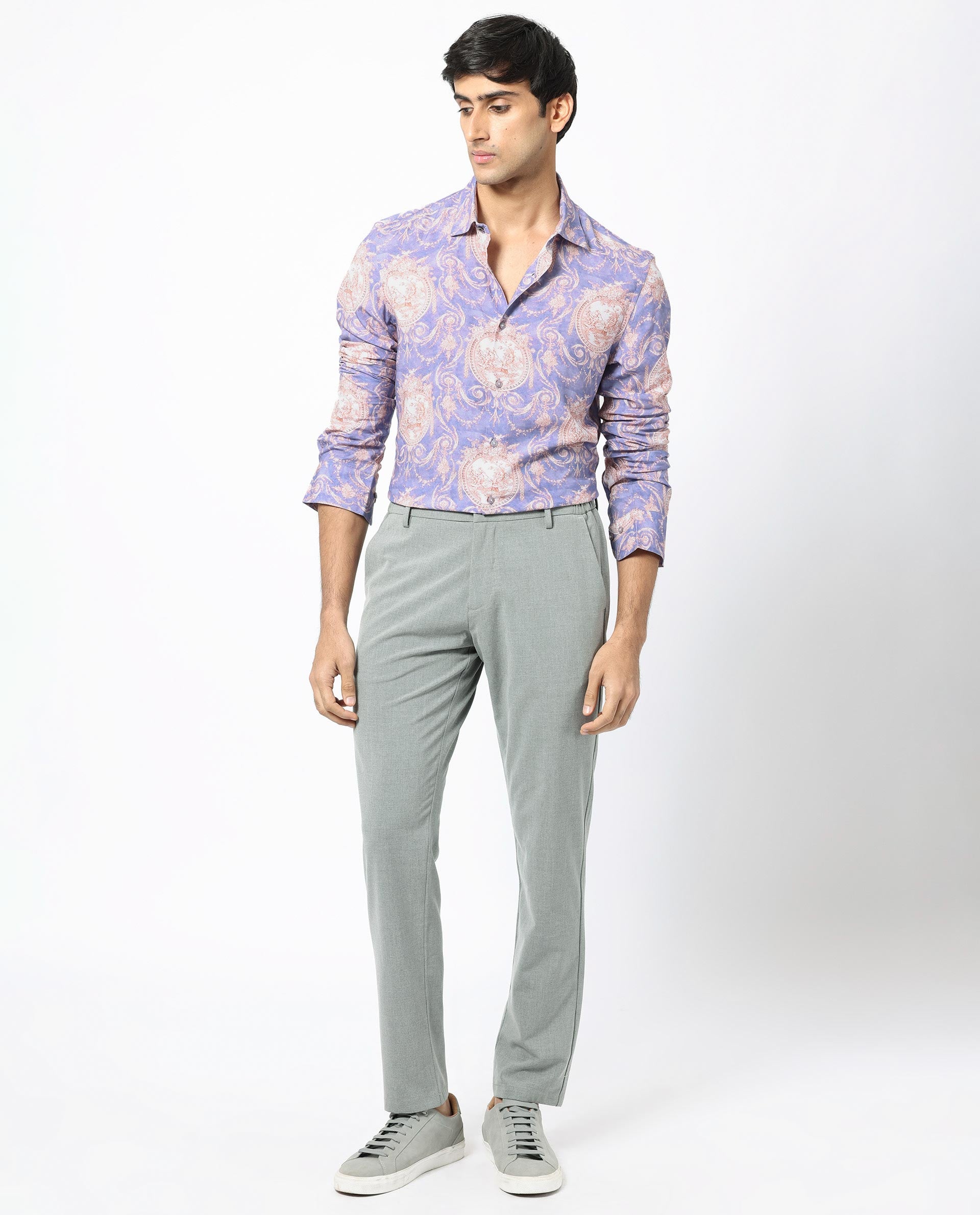 Rare Rabbit Men's Theon Dusky Purple Viscose Fabric Full Sleeves Floral Print Shirt