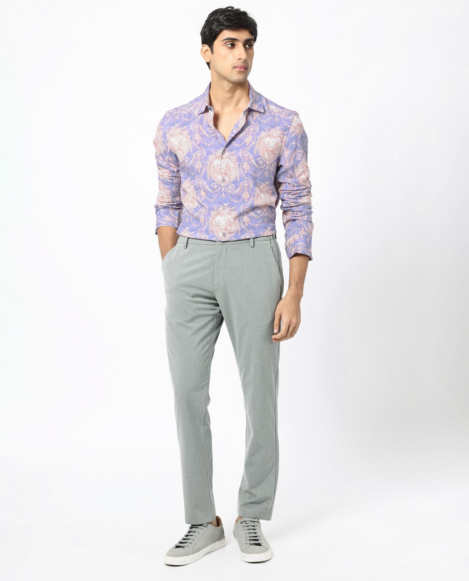 Rare Rabbit Men's Theon Dusky Purple Viscose Fabric Full Sleeves Floral Print Shirt