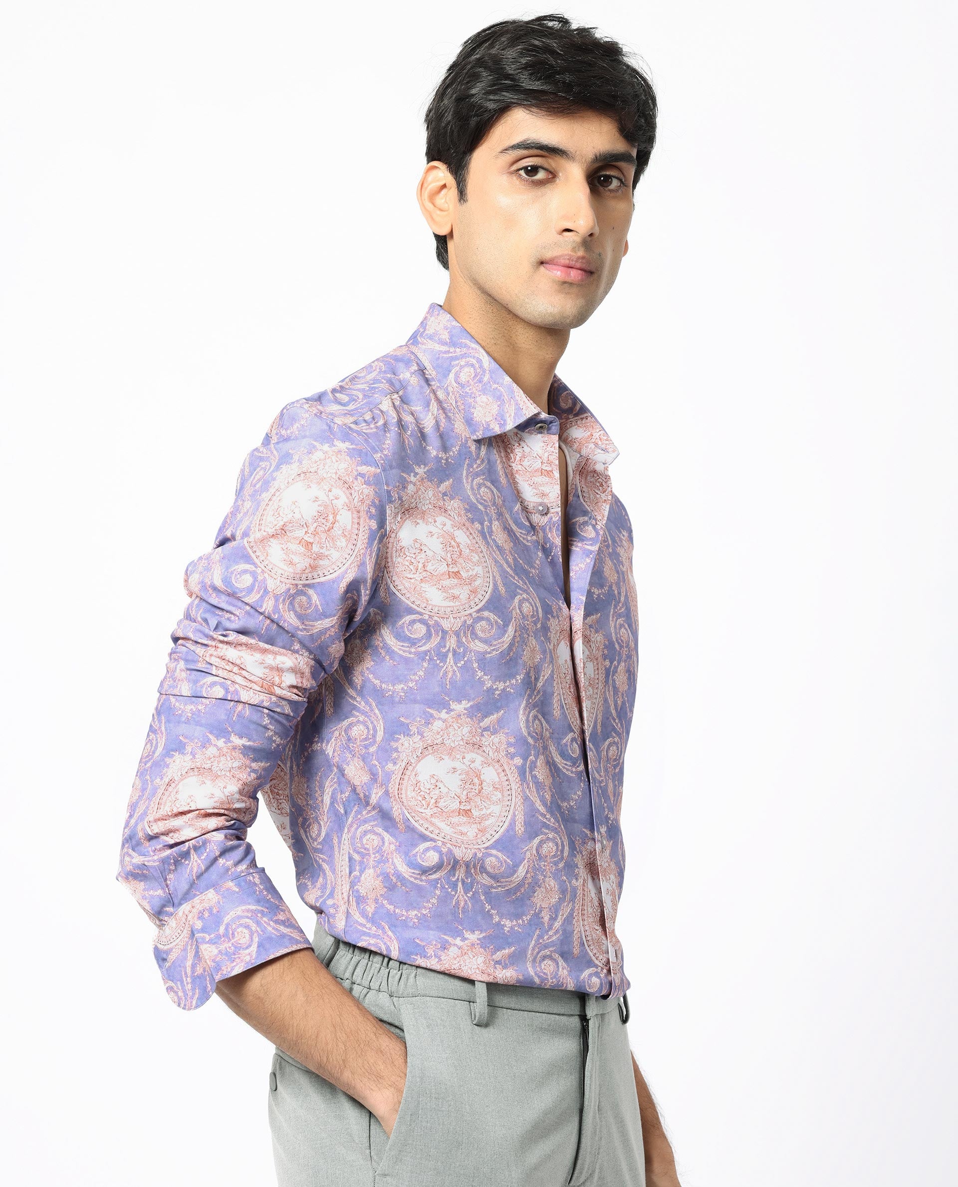 Rare Rabbit Men's Theon Dusky Purple Viscose Fabric Full Sleeves Floral Print Shirt