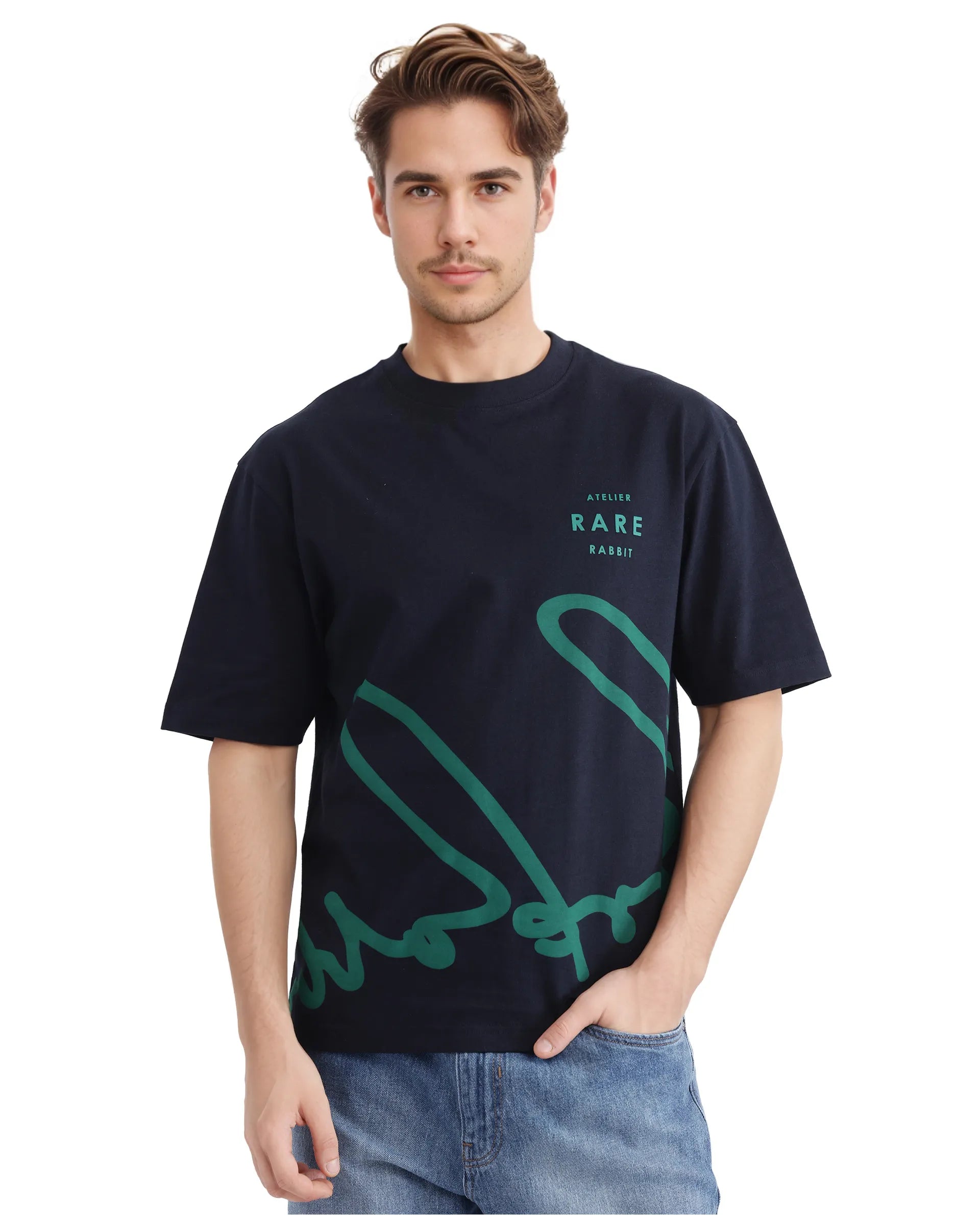 Rare Rabbit Men Ther Navy Short Sleeve Crew Neck Boxy Fit Printed T-Shirt