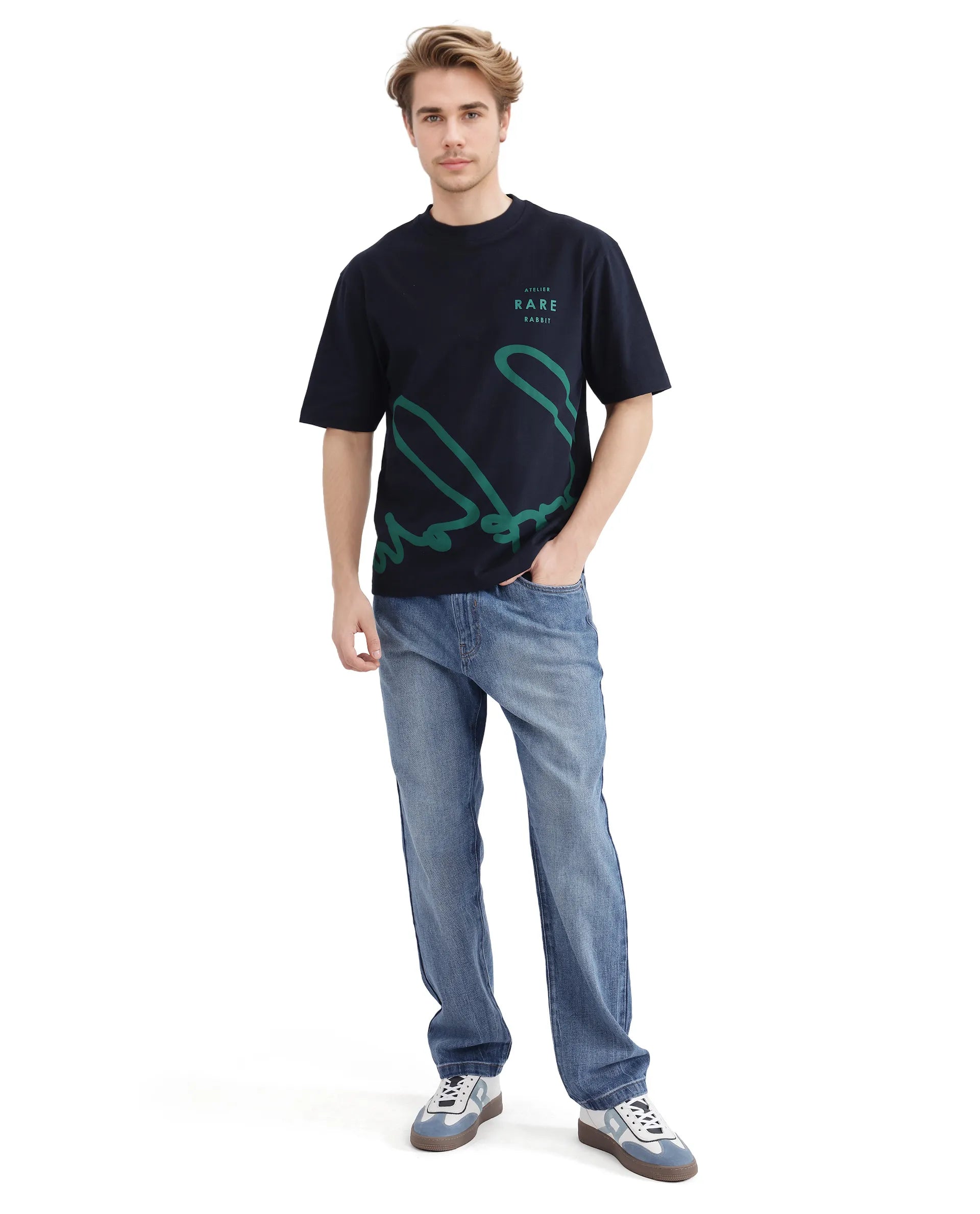 Rare Rabbit Men Ther Navy Short Sleeve Crew Neck Boxy Fit Printed T-Shirt