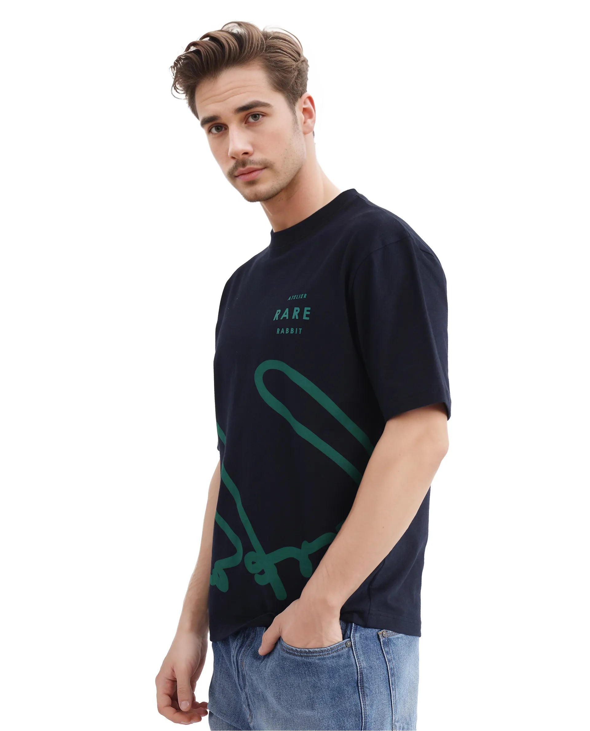 Rare Rabbit Men Ther Navy Short Sleeve Crew Neck Boxy Fit Printed T-Shirt