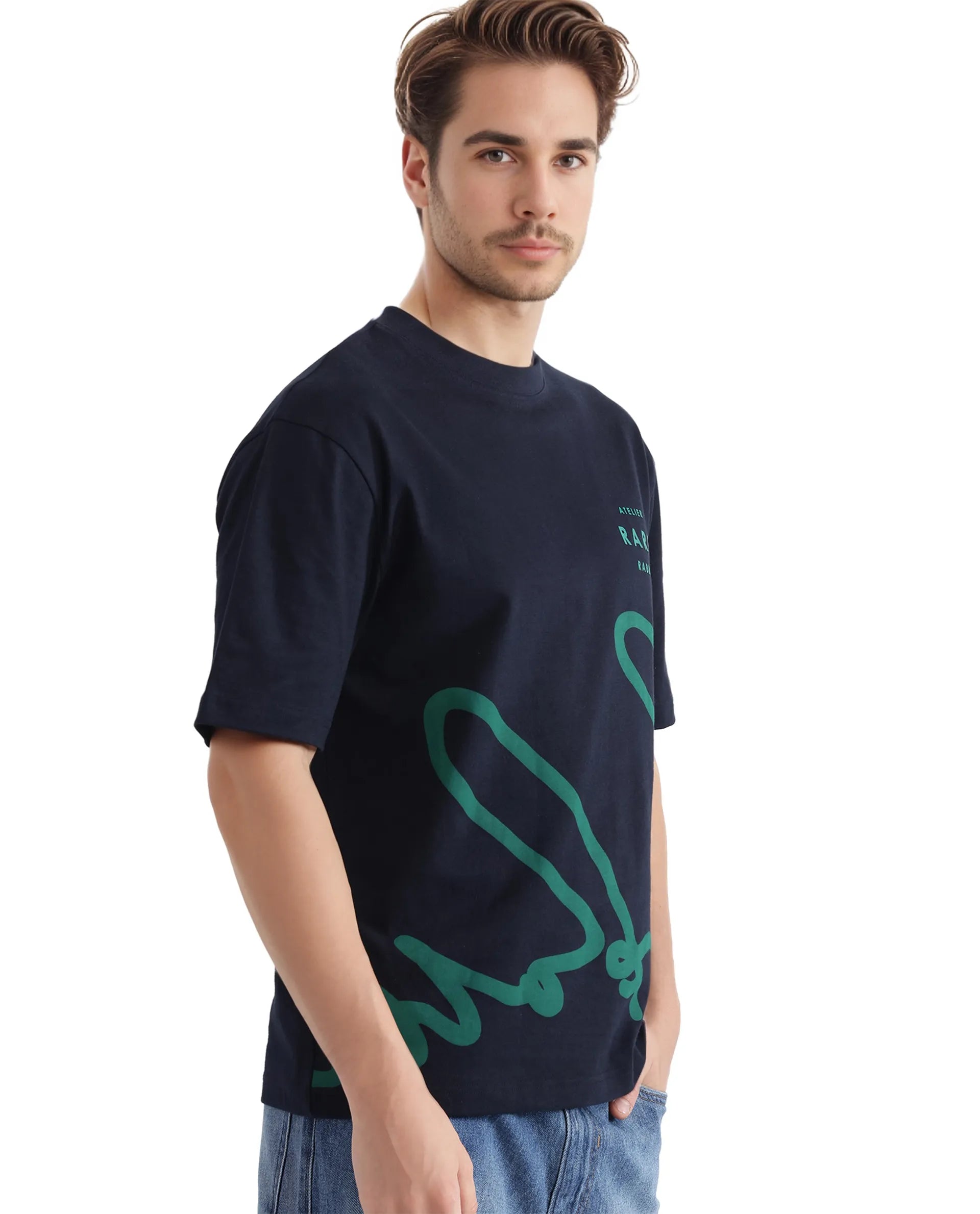 Rare Rabbit Men Ther Navy Short Sleeve Crew Neck Boxy Fit Printed T-Shirt