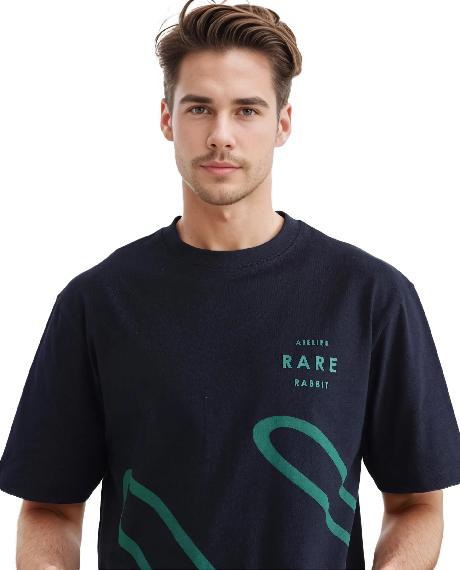 Rare Rabbit Men Ther Navy Short Sleeve Crew Neck Boxy Fit Printed T-Shirt