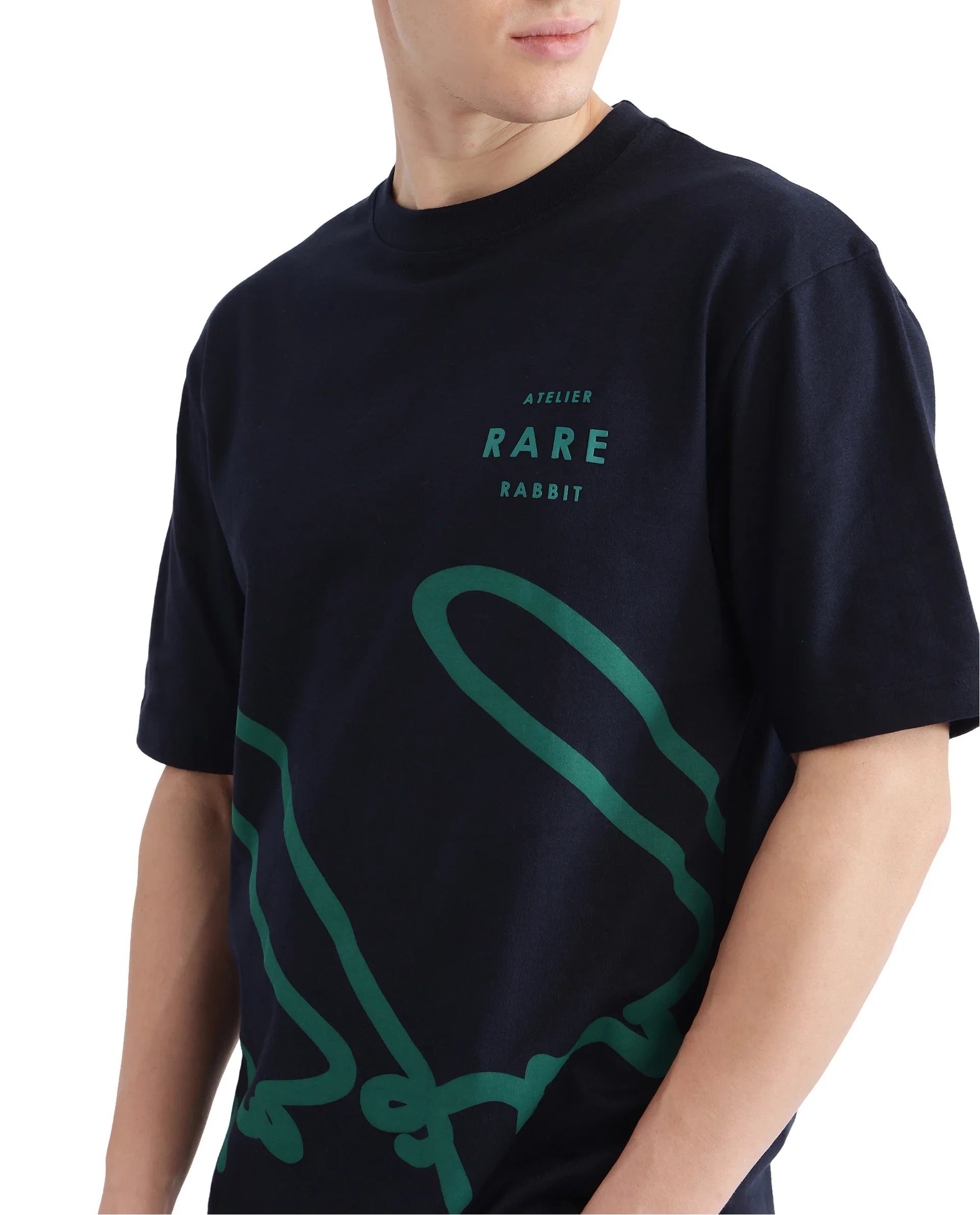 Rare Rabbit Men Ther Navy Short Sleeve Crew Neck Boxy Fit Printed T-Shirt