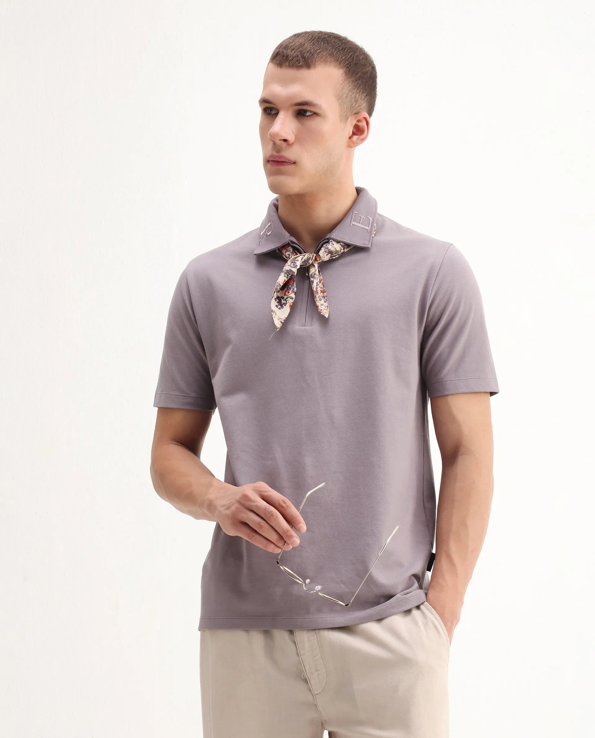 Rare Rabbit Men's Thero-25 Dusky Purple Cotton Blend Plain Regular Fit Half Sleeve Polo