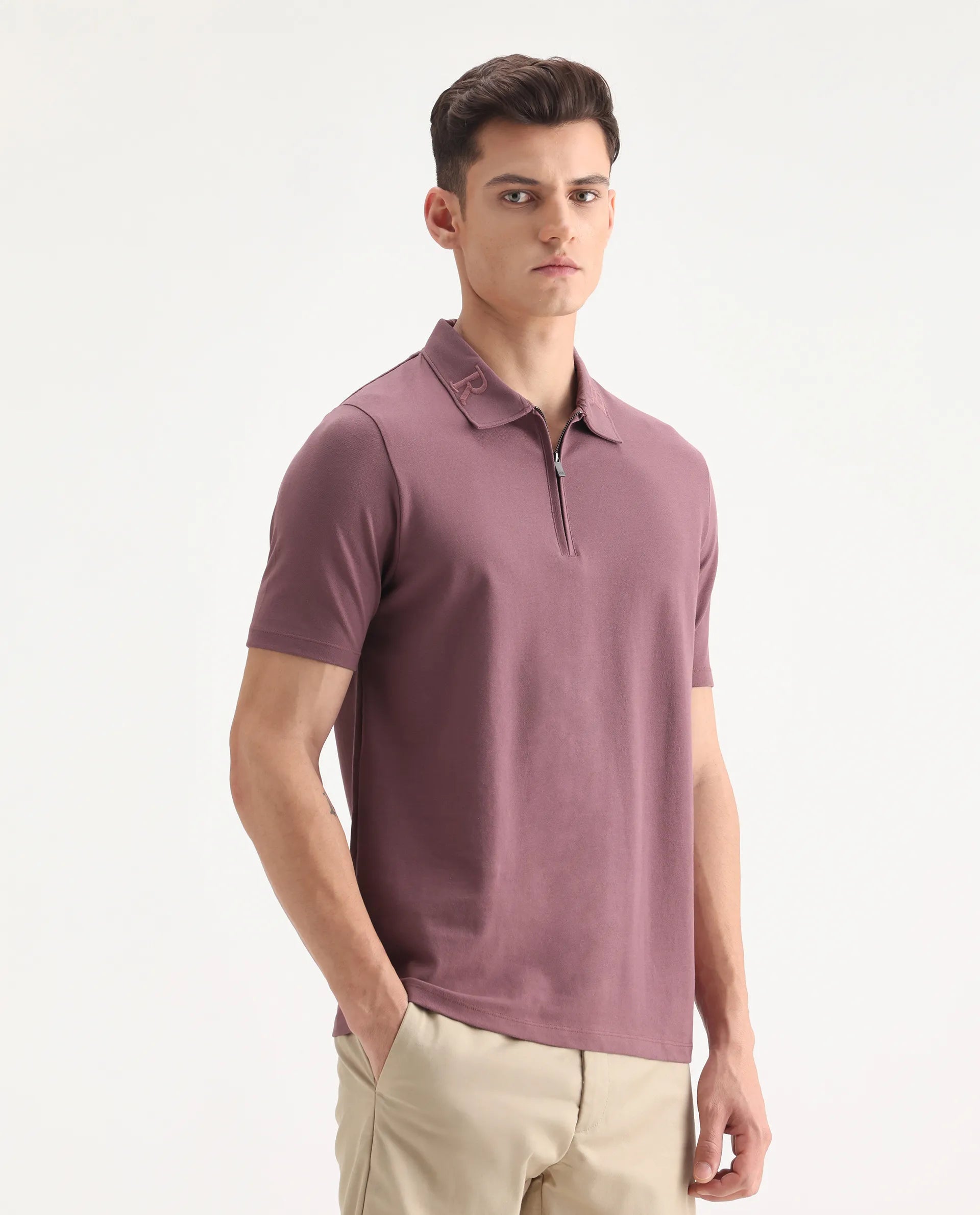 Rare Rabbit Men's Thero Dusky Pink Cotton Embroidered Regular Fit Half Sleeve Polo