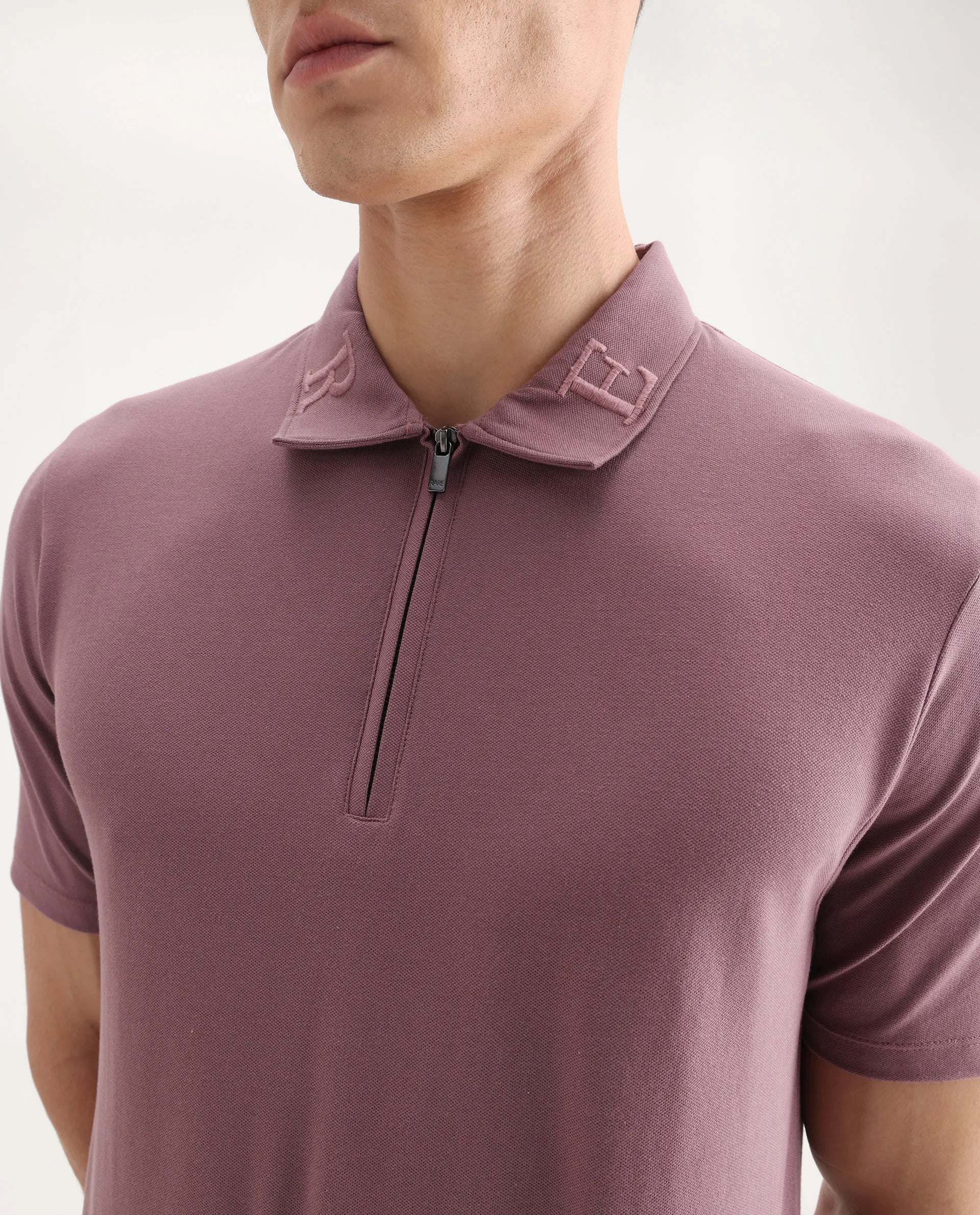 Rare Rabbit Men's Thero Dusky Pink Cotton Embroidered Regular Fit Half Sleeve Polo