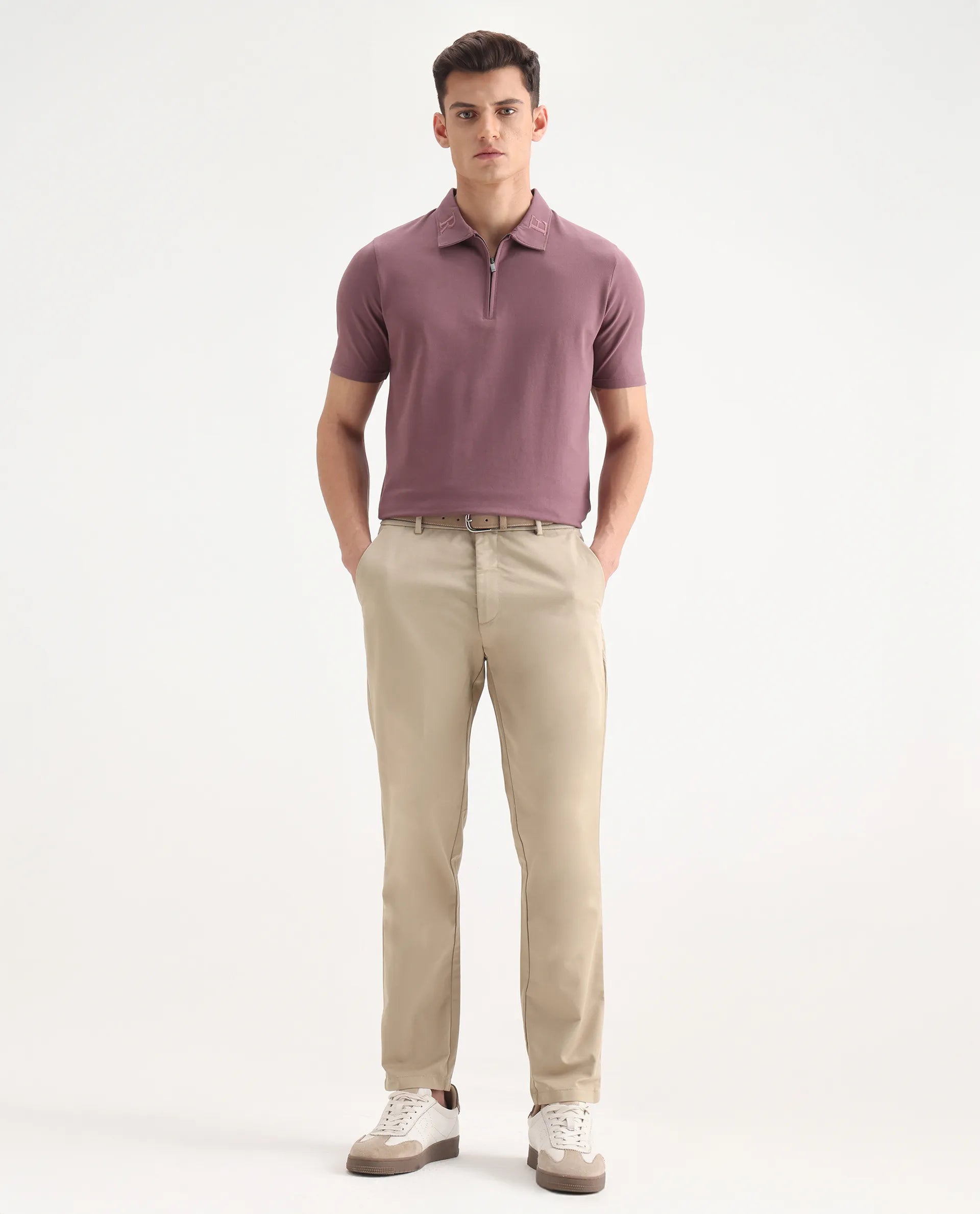 Rare Rabbit Men's Thero Dusky Pink Cotton Embroidered Regular Fit Half Sleeve Polo