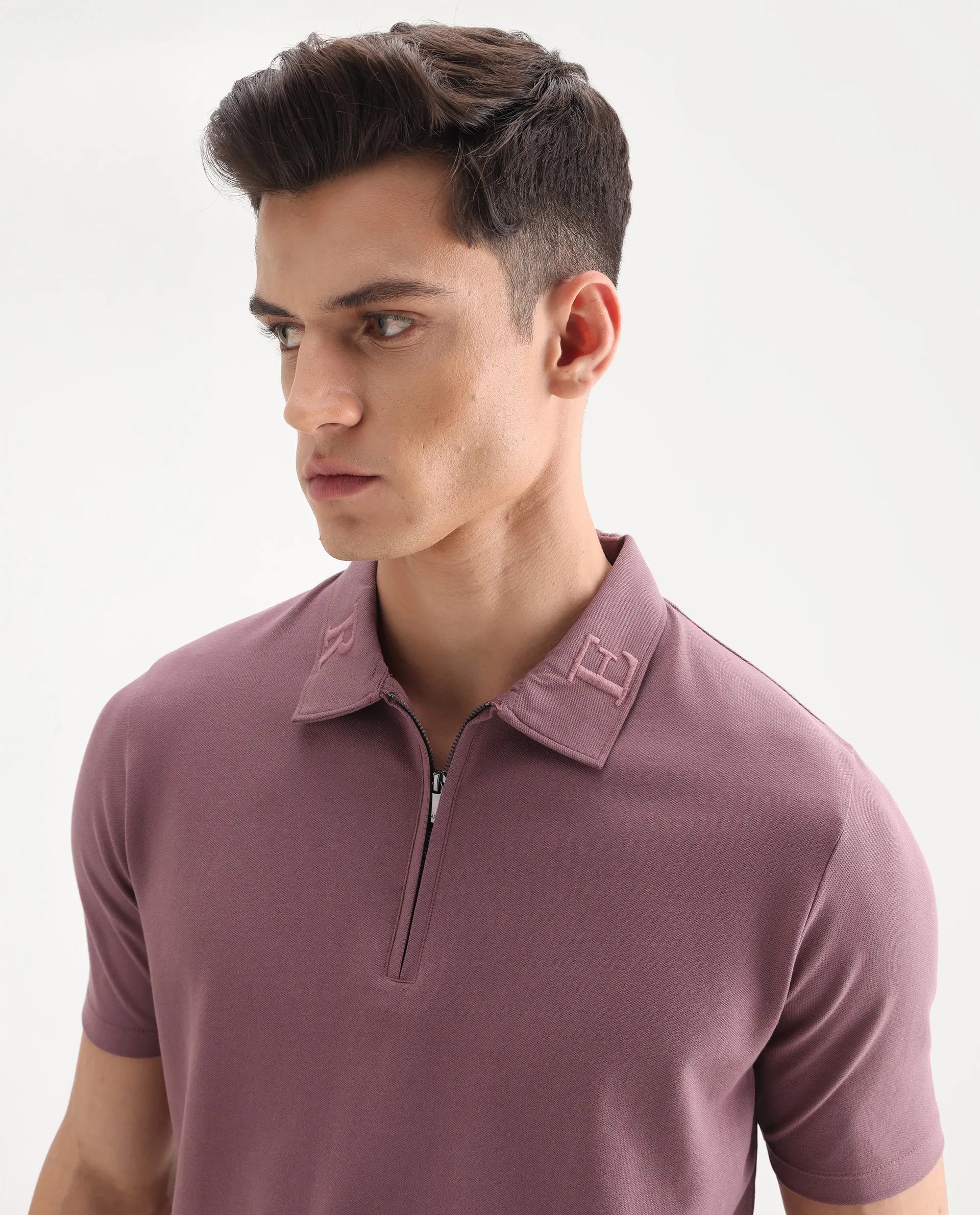 Rare Rabbit Men's Thero Dusky Pink Cotton Embroidered Regular Fit Half Sleeve Polo