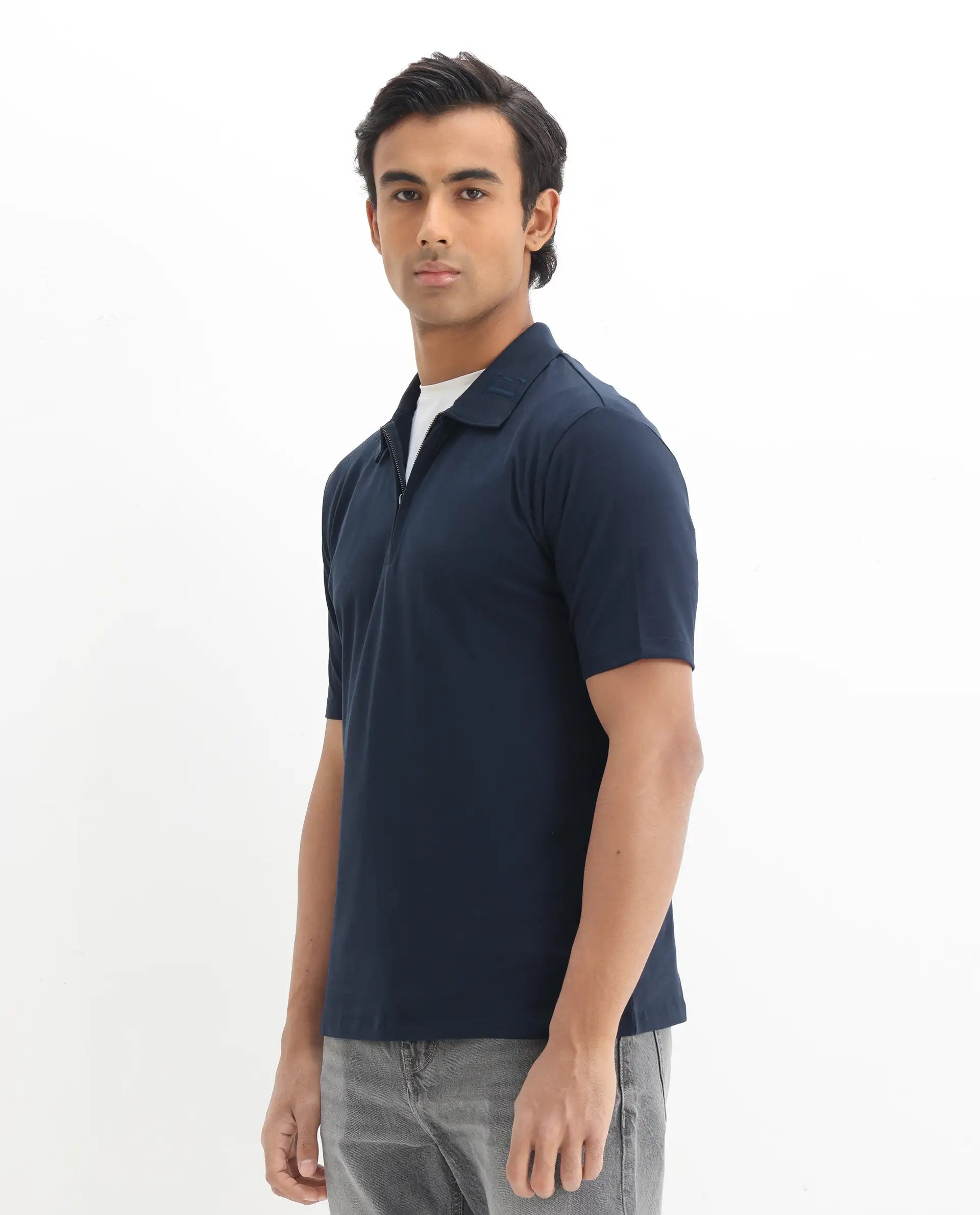 Rare Rabbit Men's Thero Navy Cotton Plain Regular Fit Half Sleeve Polo