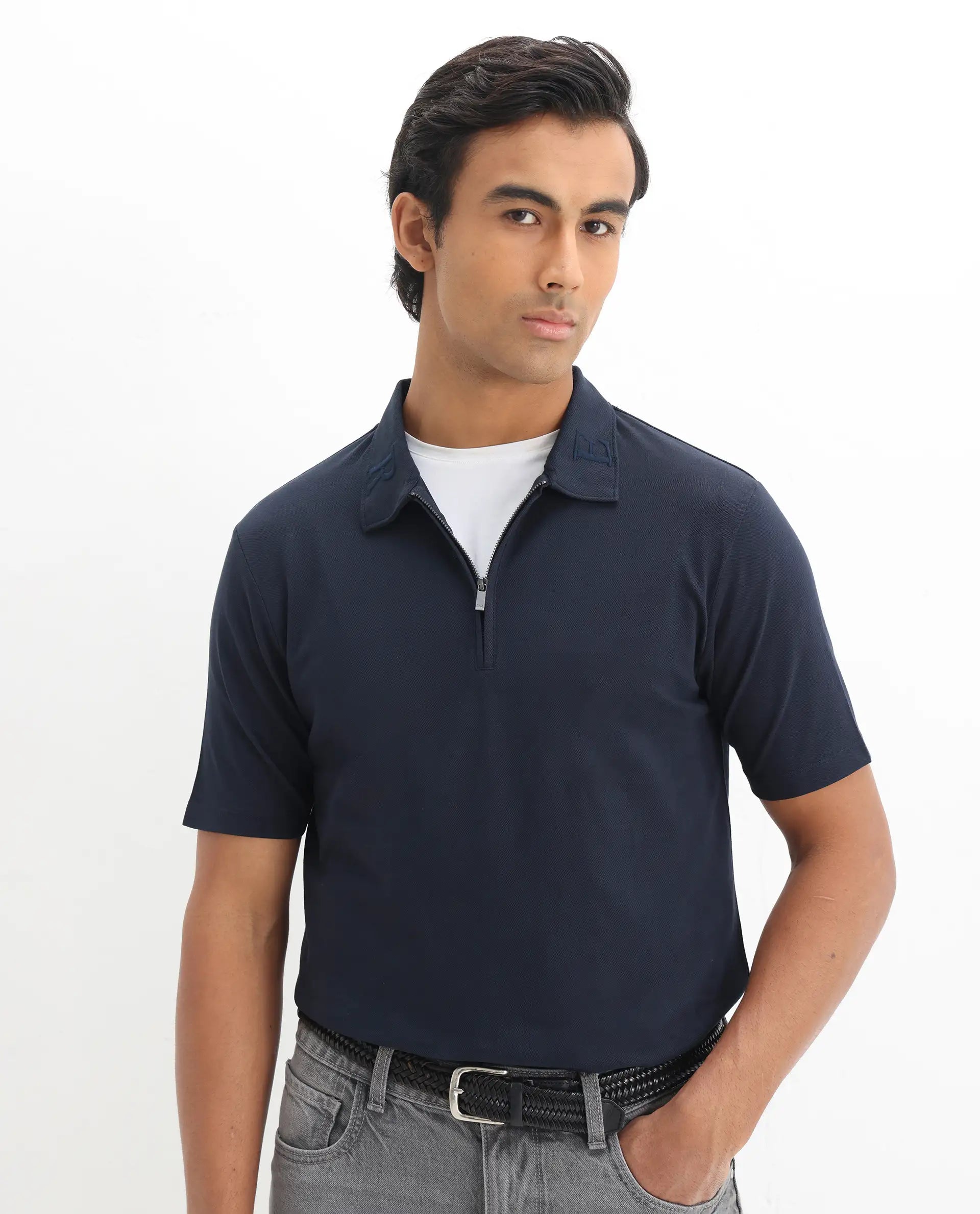 Rare Rabbit Men's Thero Navy Cotton Plain Regular Fit Half Sleeve Polo