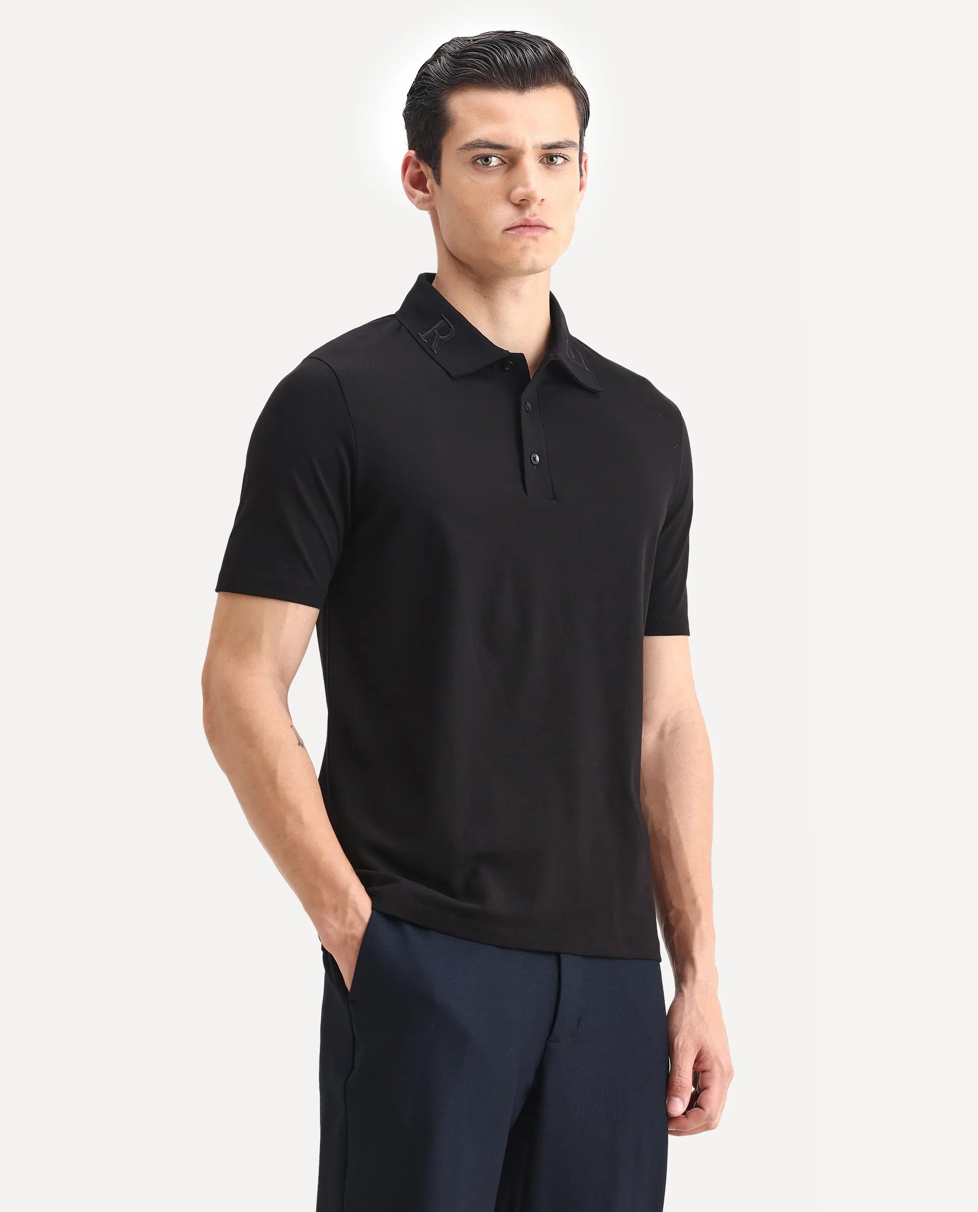 Rare Rabbit Men's Theron Black Cotton Blend Plain Regular Fit Half Sleeve Polo