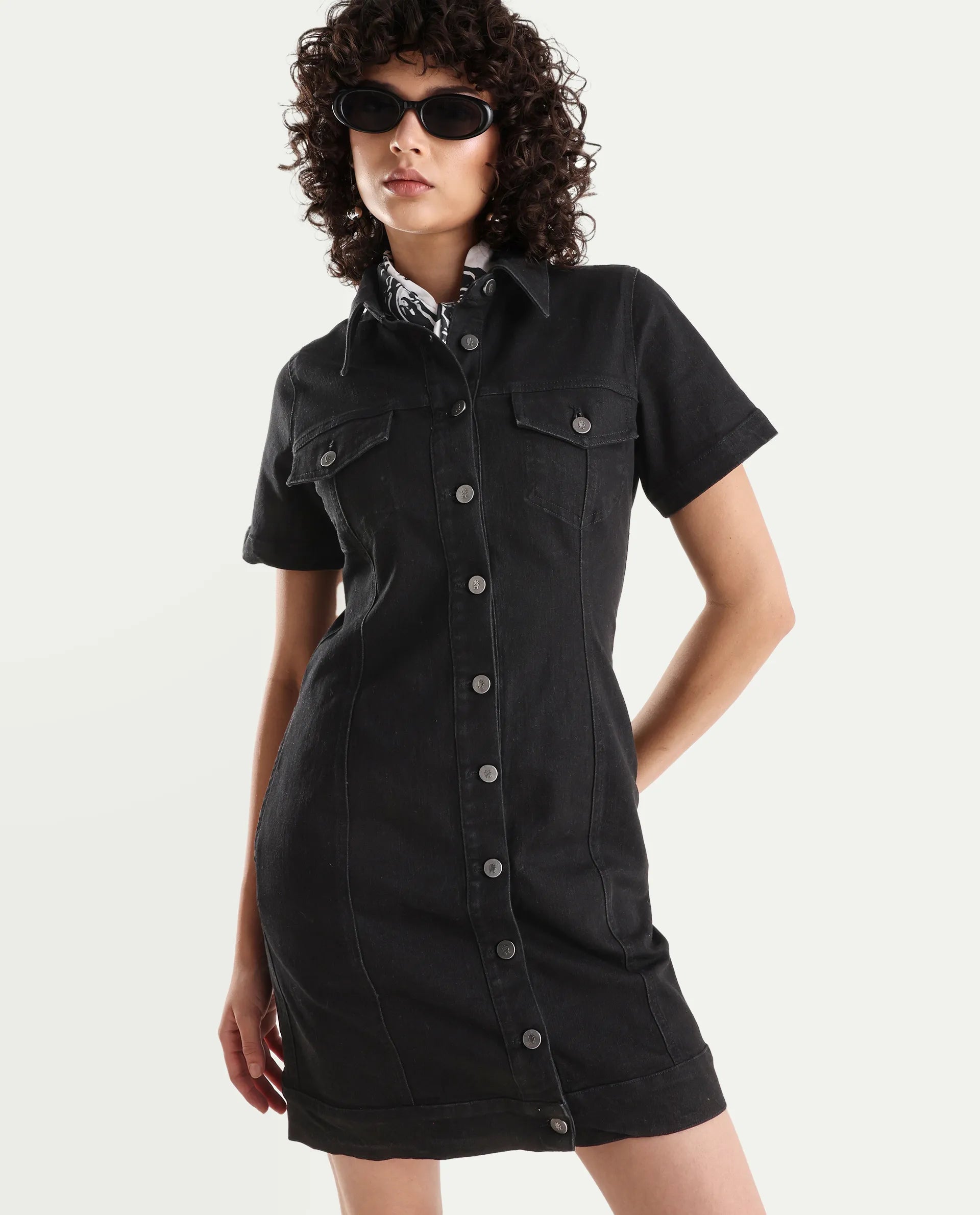 Rareism Women's Thio Black Cotton Blend Spread Collar Plain Knee Length Fitted Dress