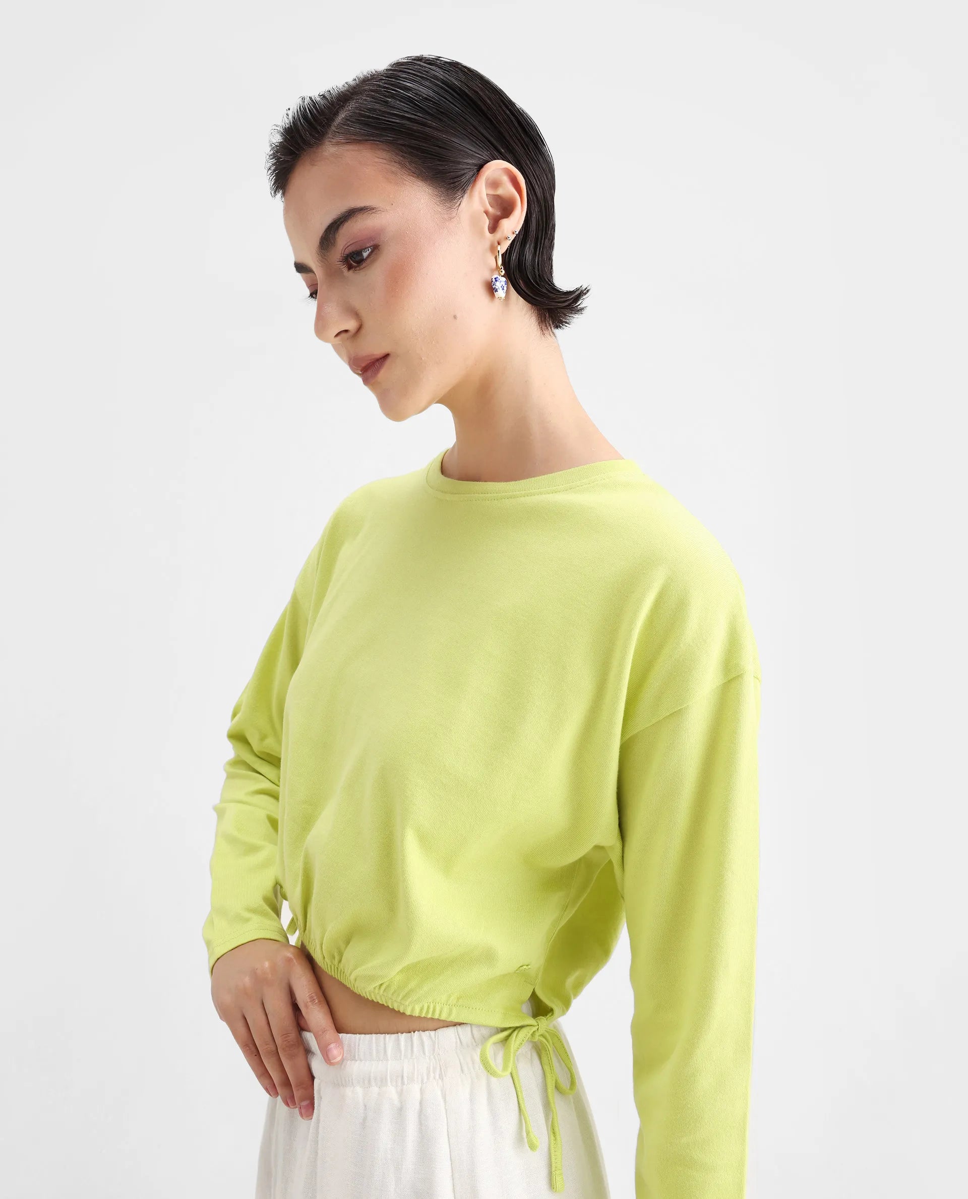 Rareism Women's Thistle Flouroscent Green Cotton Crew Neck Plain Crop Regular Fit Top