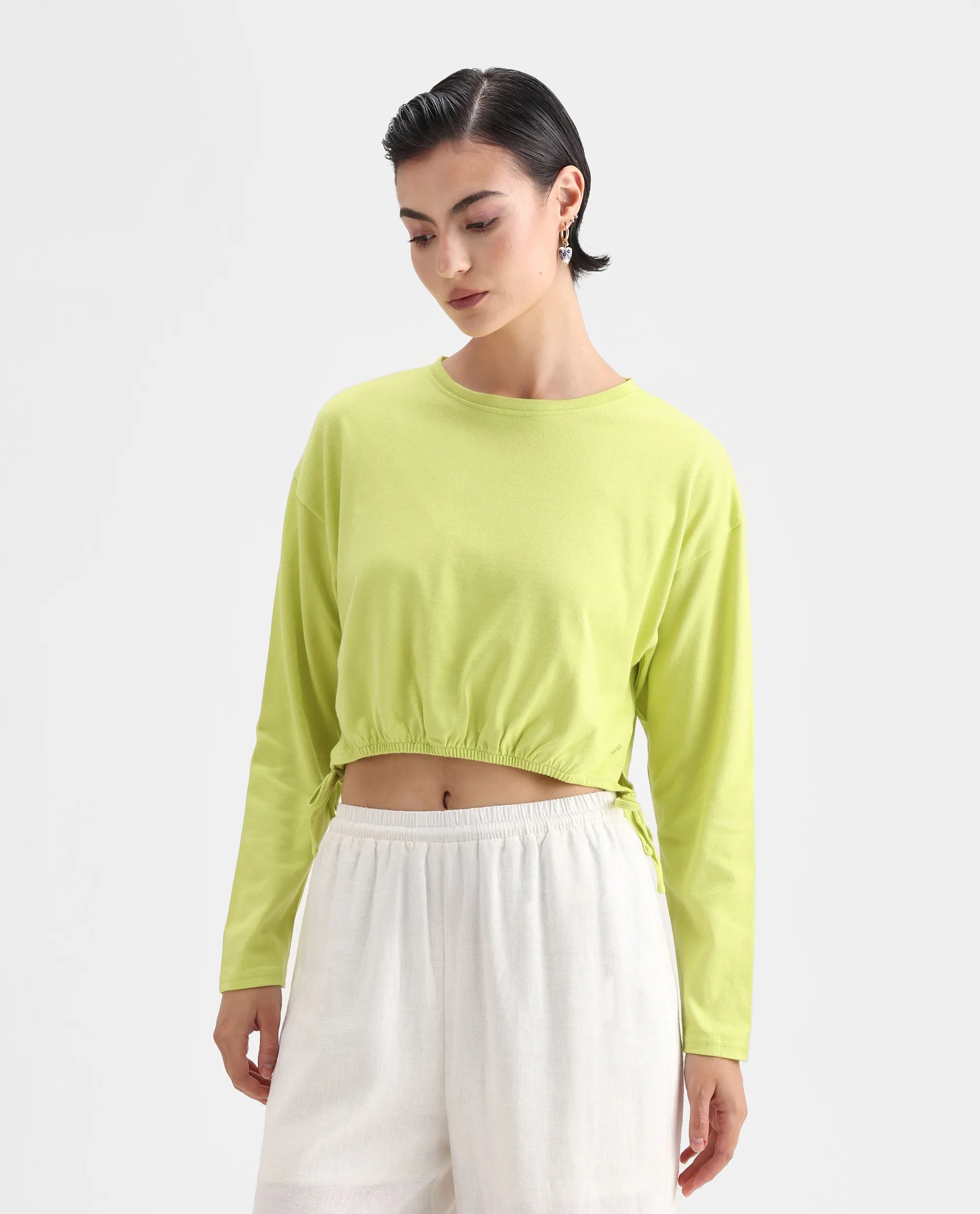 Rareism Women's Thistle Flouroscent Green Cotton Crew Neck Plain Crop Regular Fit Top