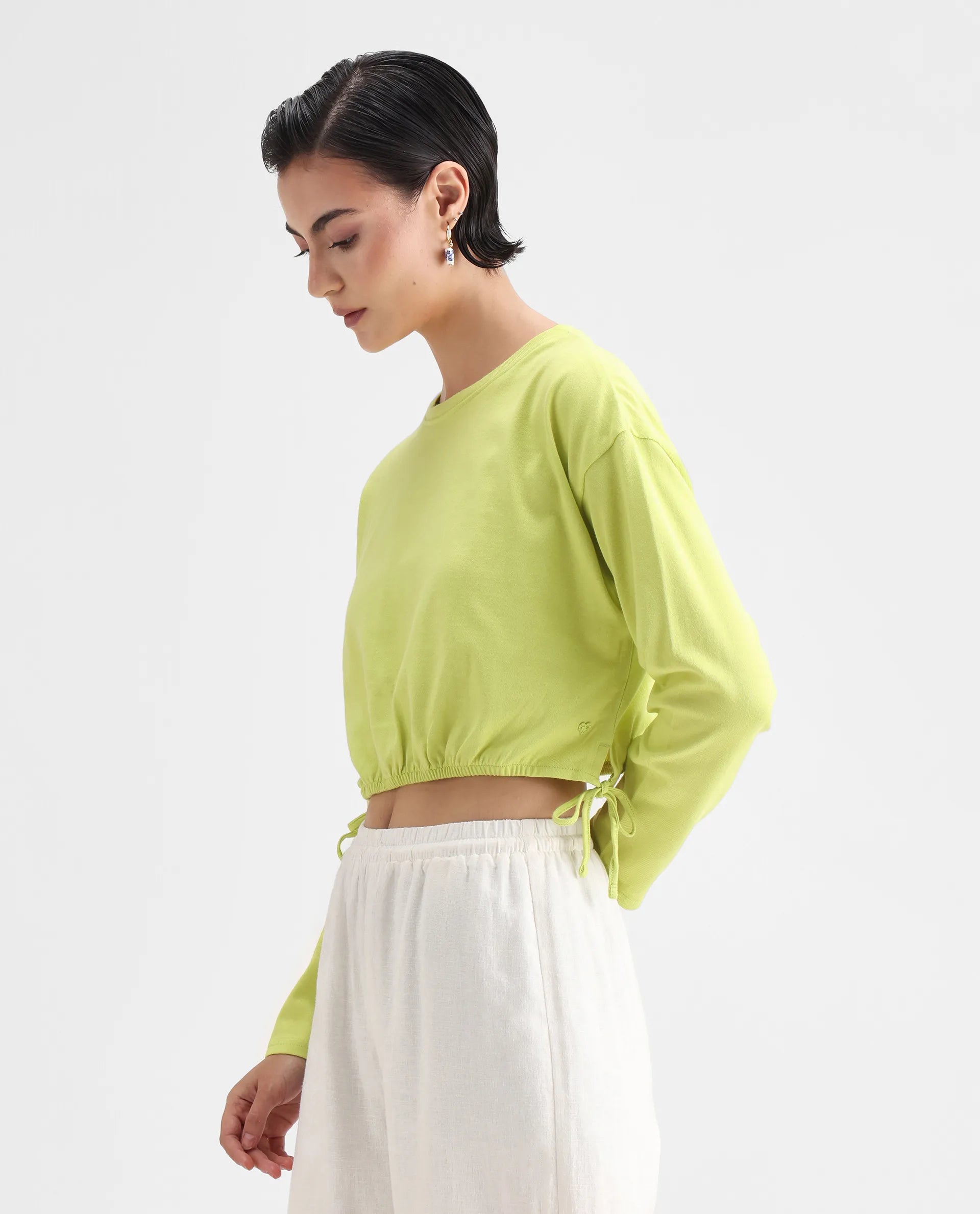 Rareism Women's Thistle Flouroscent Green Cotton Crew Neck Plain Crop Regular Fit Top