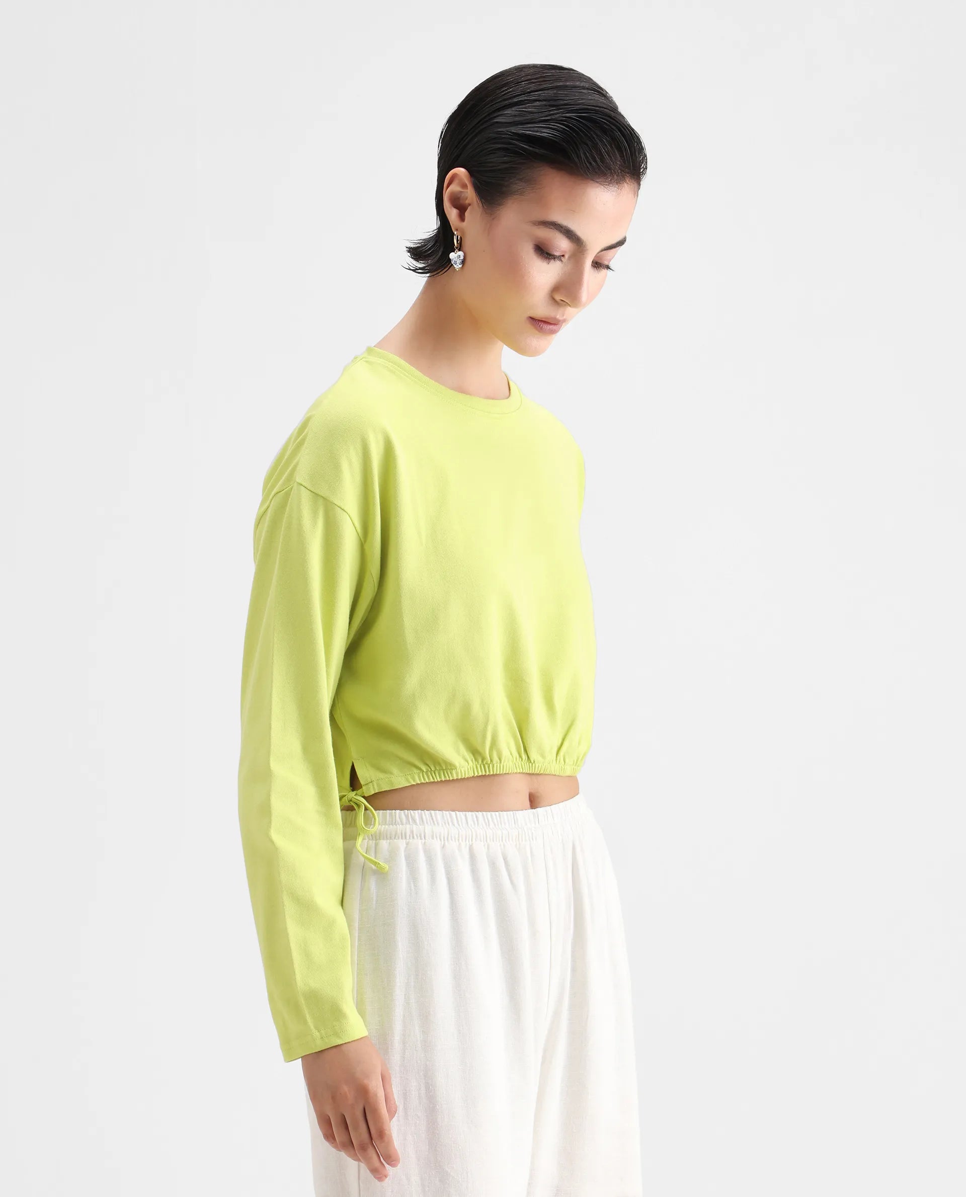 Rareism Women's Thistle Flouroscent Green Cotton Crew Neck Plain Crop Regular Fit Top