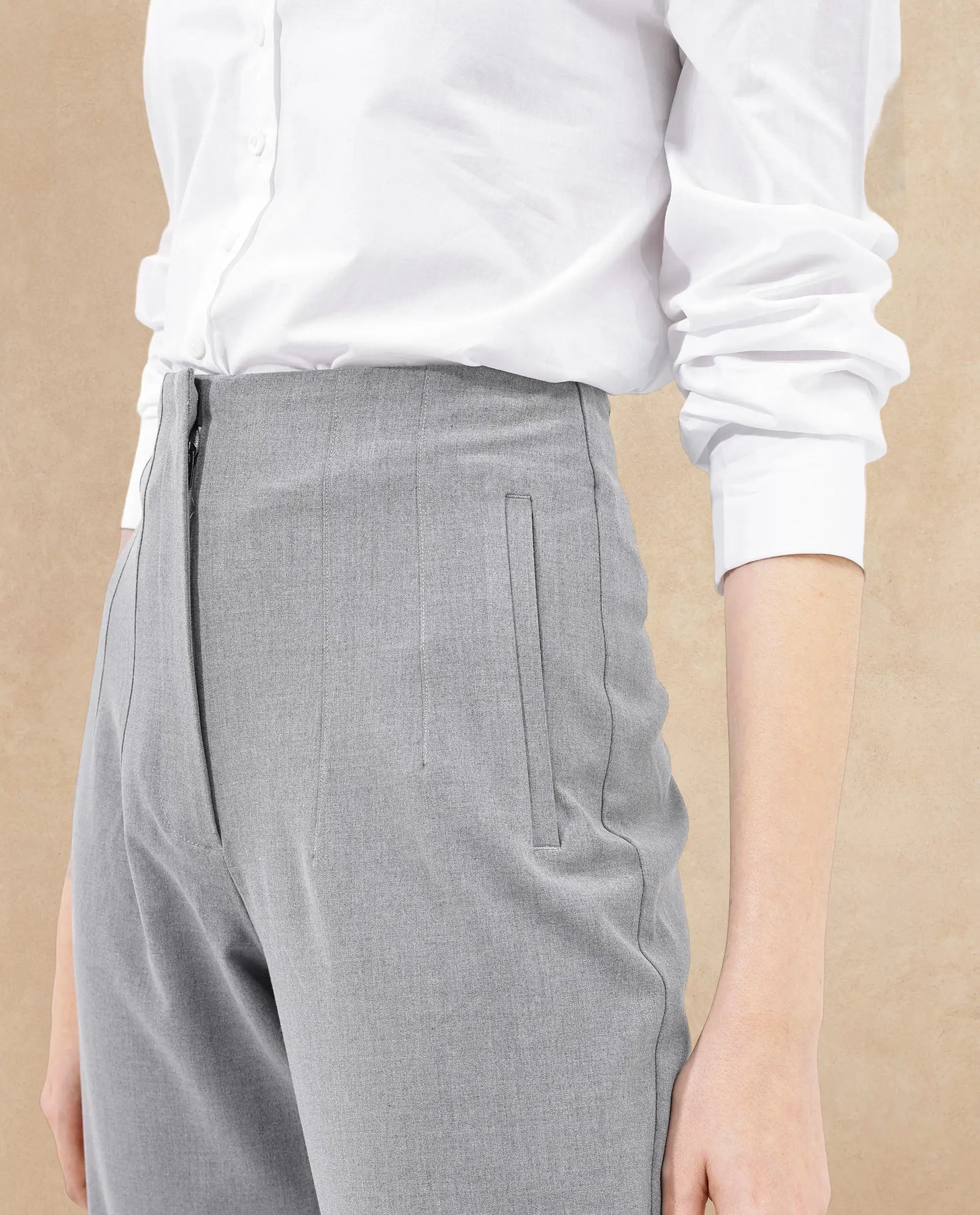 Rareism Women's Thompson Grey Cotton Plain Ankle Length Tapered Trouser