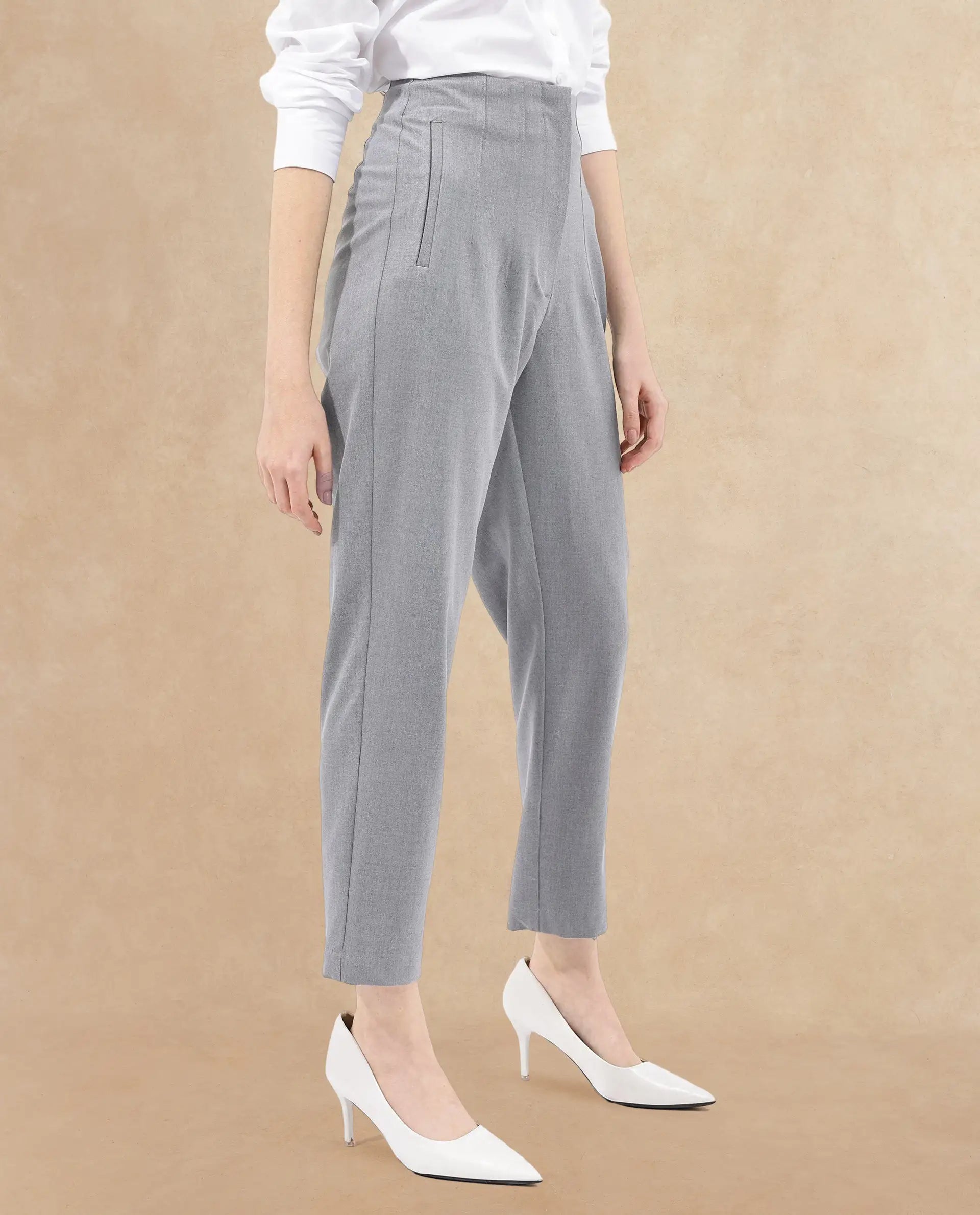 Rareism Women's Thompson Grey Cotton Plain Ankle Length Tapered Trouser