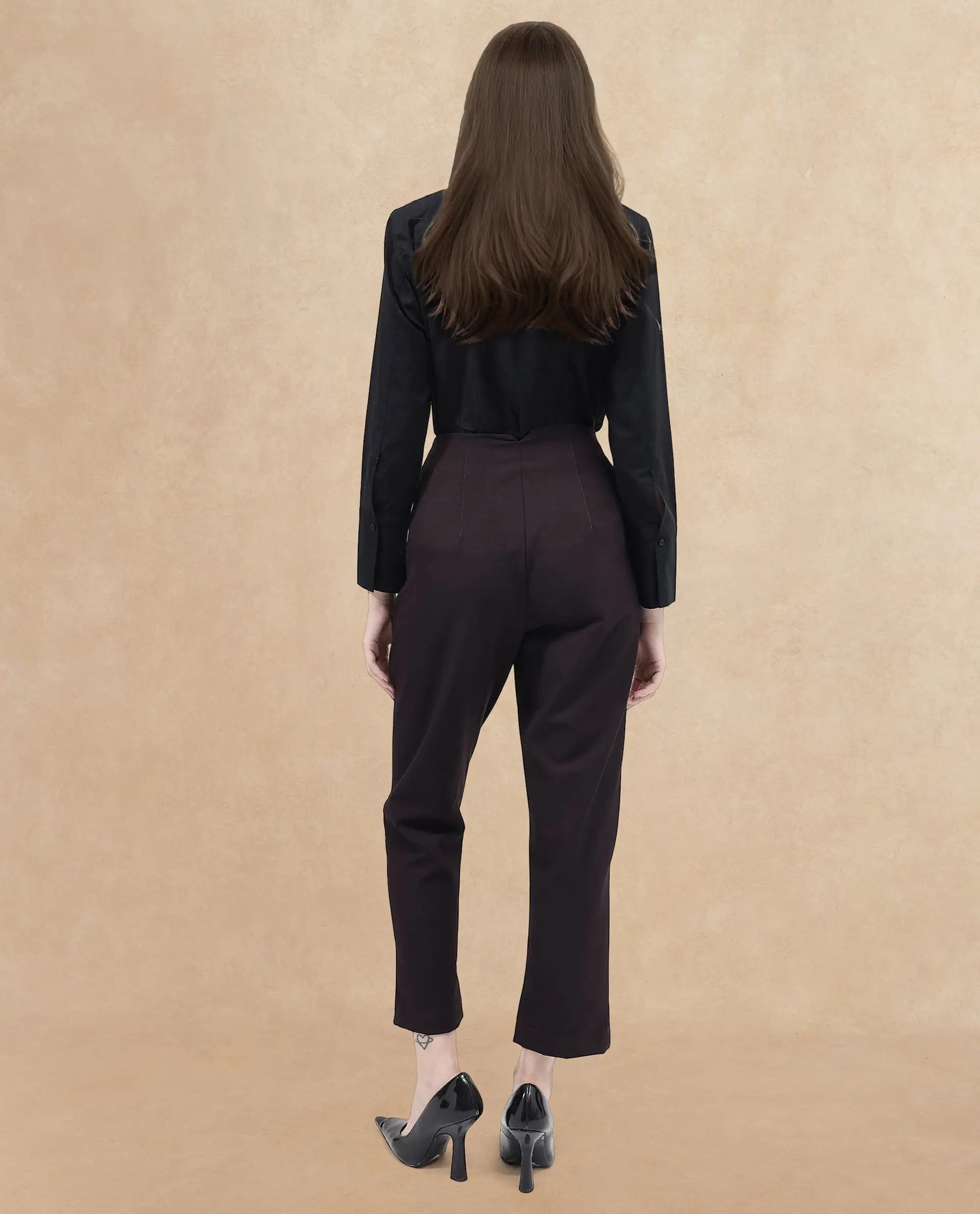 Rareism Women Thompson Maroon Cotton Fabric Trouser