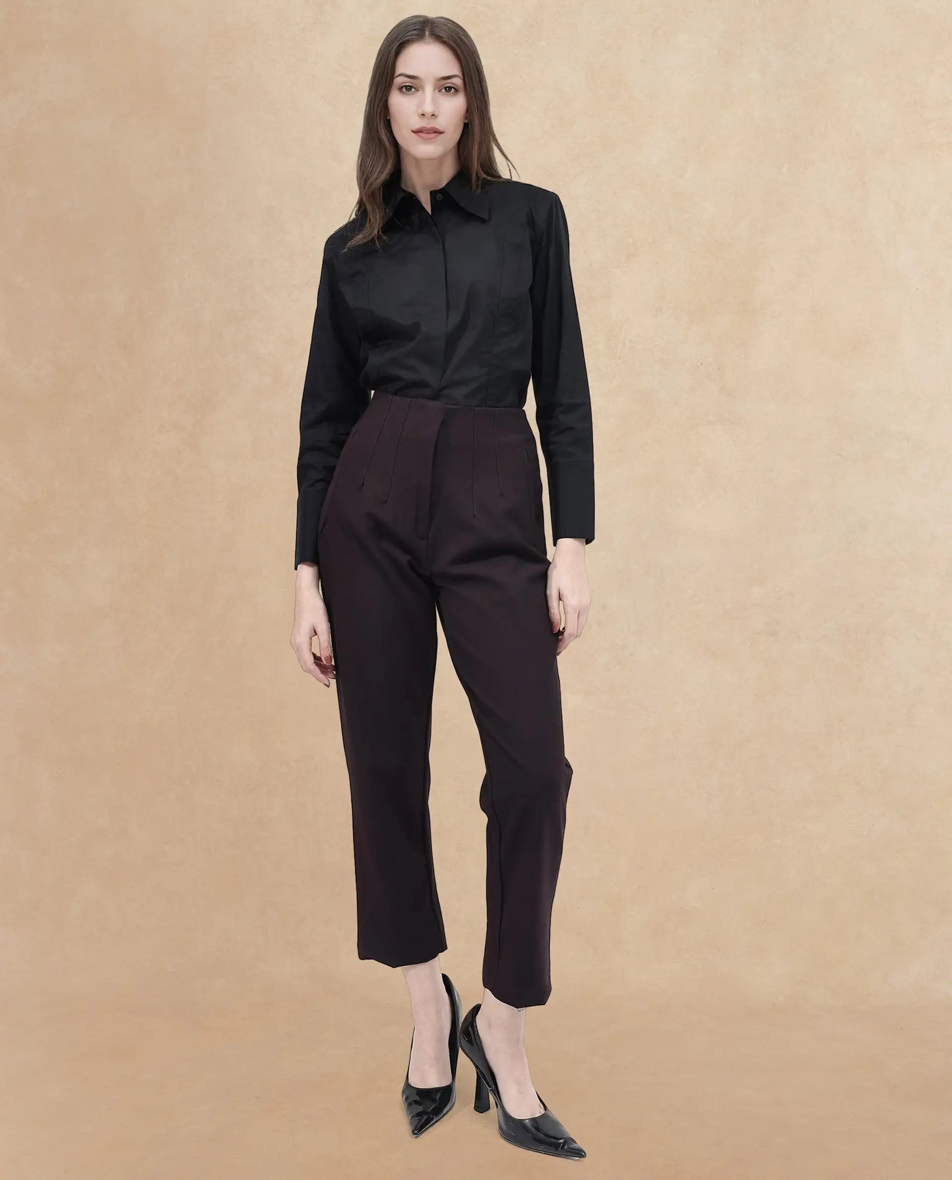 Rareism Women Thompson Maroon Cotton Fabric Trouser