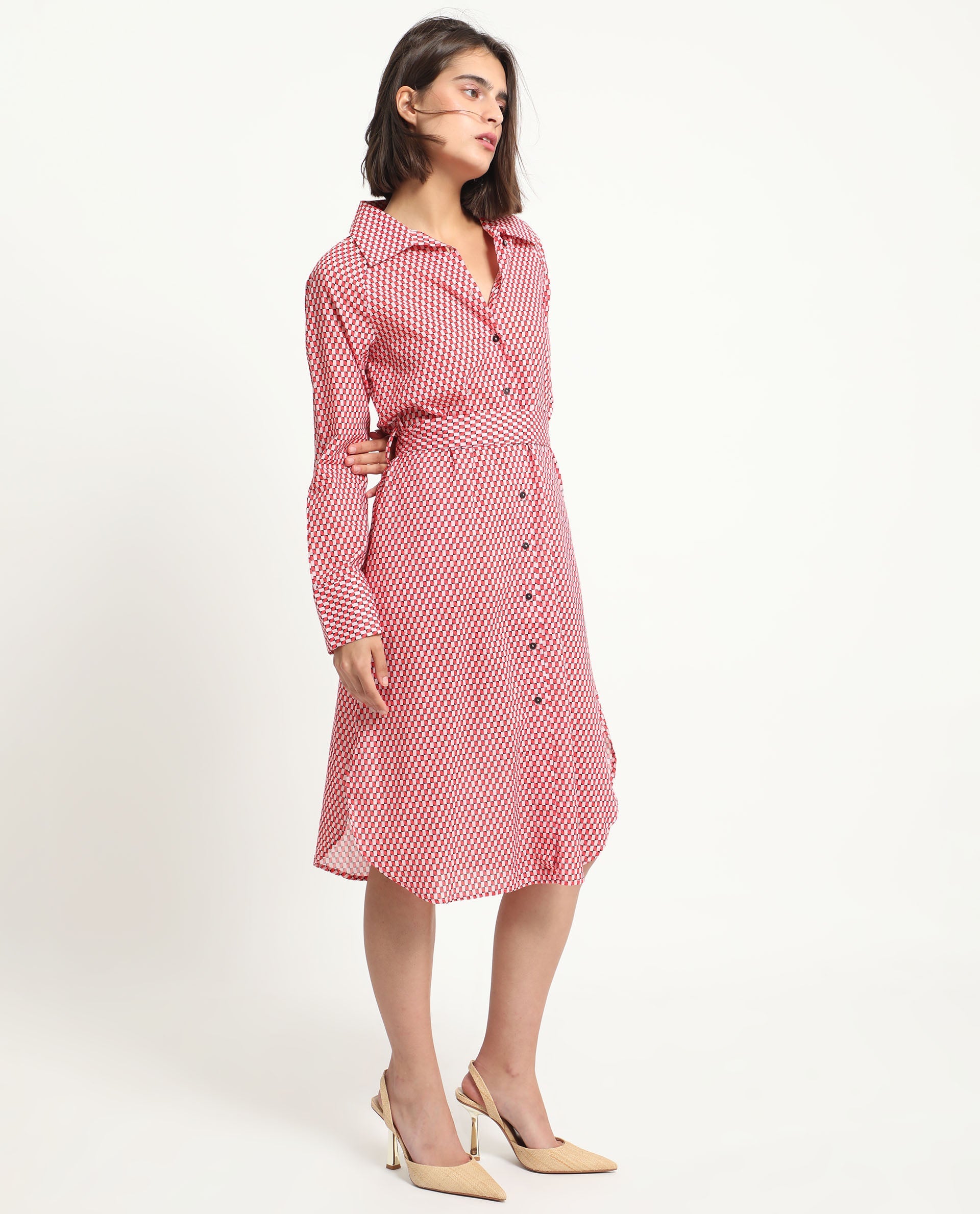 Rareism Women Thomson Red Cotton Fabric Full Sleeves Button Closure Shirt Collar Cuffed Sleeve Fit And Flare Checked Midi Boxy Dress