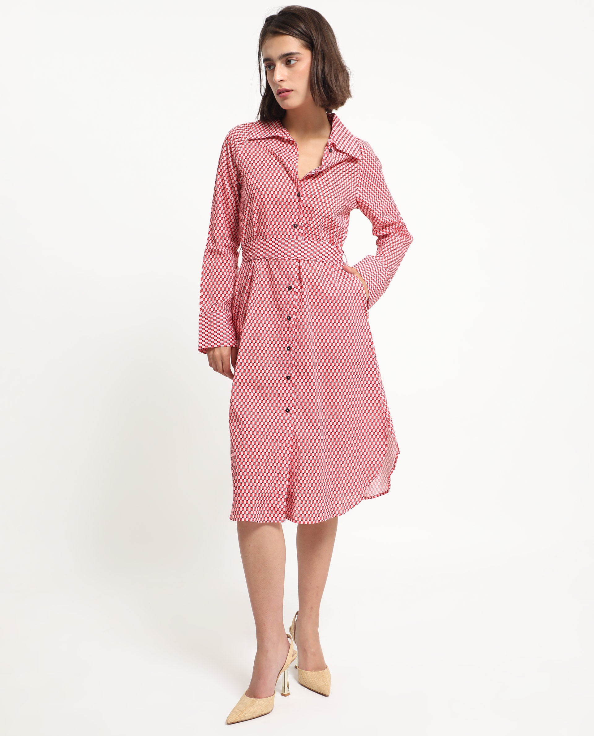 Rareism Women Thomson Red Cotton Fabric Full Sleeves Button Closure Shirt Collar Cuffed Sleeve Fit And Flare Checked Midi Boxy Dress