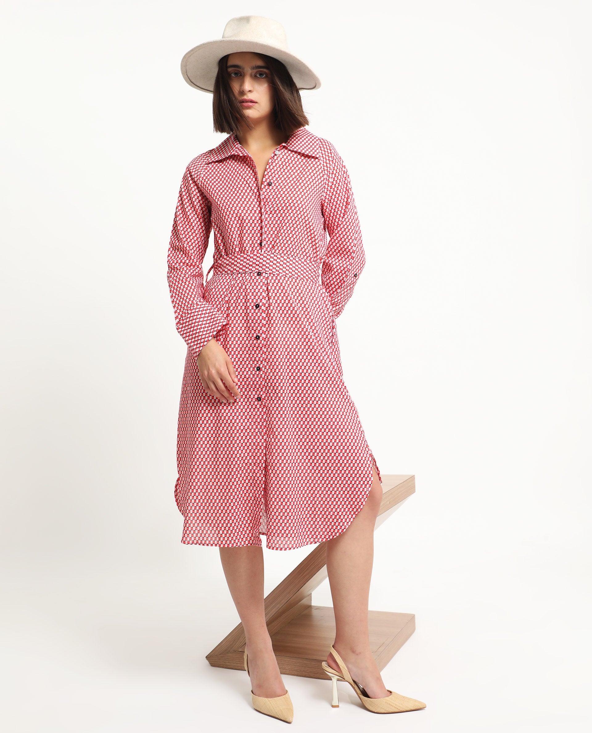 Rareism Women Thomson Red Cotton Fabric Full Sleeves Button Closure Shirt Collar Cuffed Sleeve Fit And Flare Checked Midi Boxy Dress